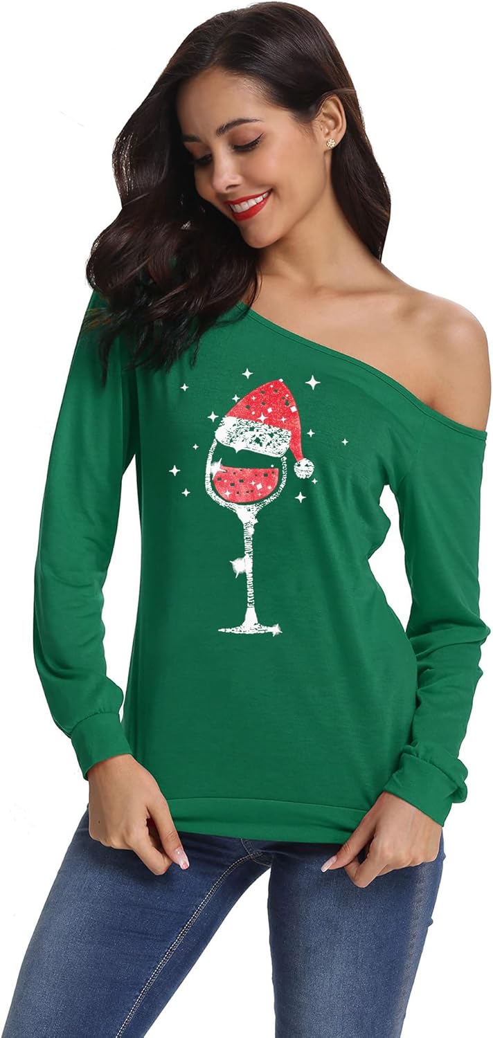 LYHNMW Women's Sexy Off Shoulder Long Sleeve Christmas Letter Print T-Shirt Tunic Tops Holiday Merry Xmas Hoodie - Image 2