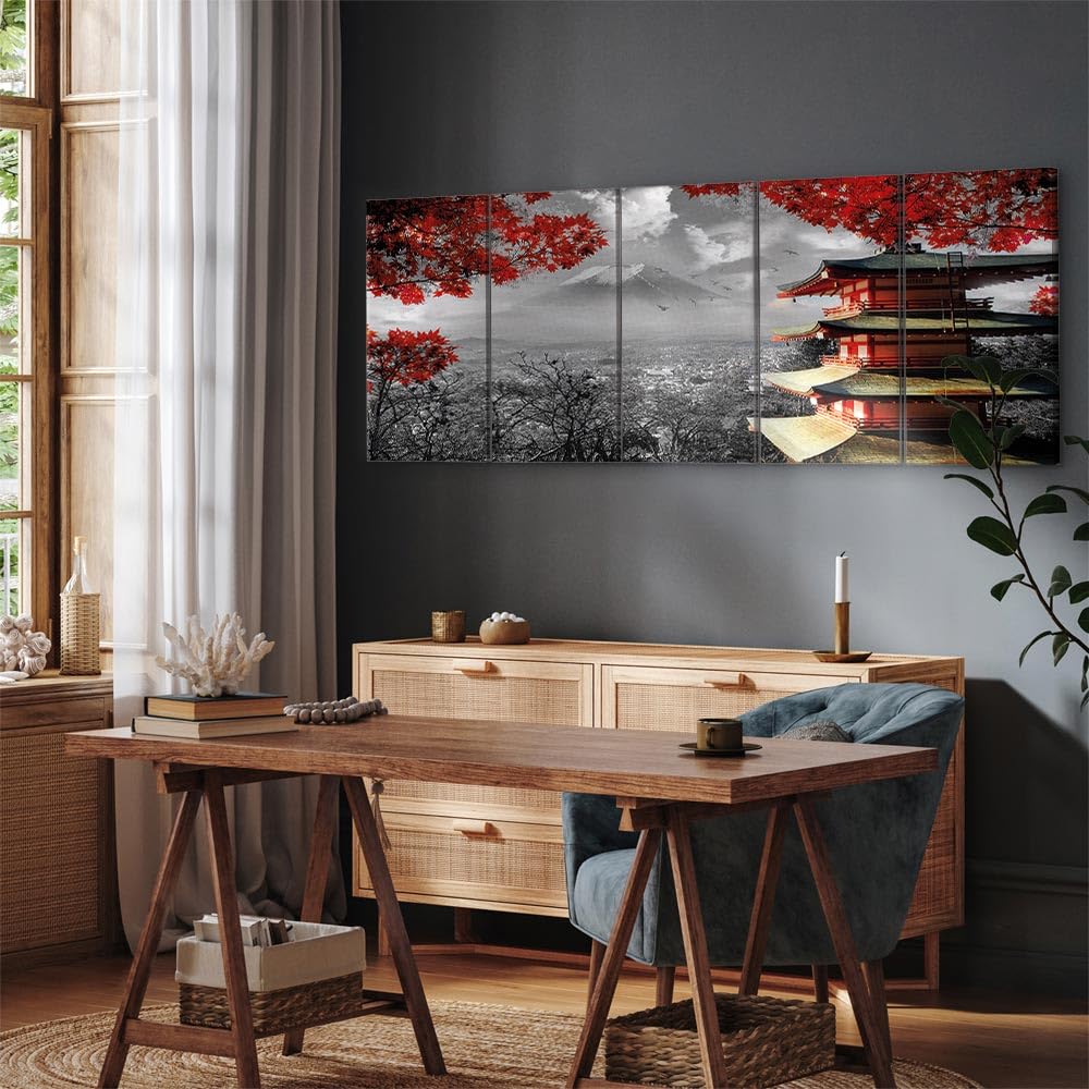 murando - Quadro Monte Fuji Giappone 225x90 cm 5 Pezzi Stampa su Tela Canvas - Quadri Componibili Moderni Soggiorno Grandi - Murale Arte Decorazioni da Parete Decori - Paesaggio Rosso c-C-0240-b-m