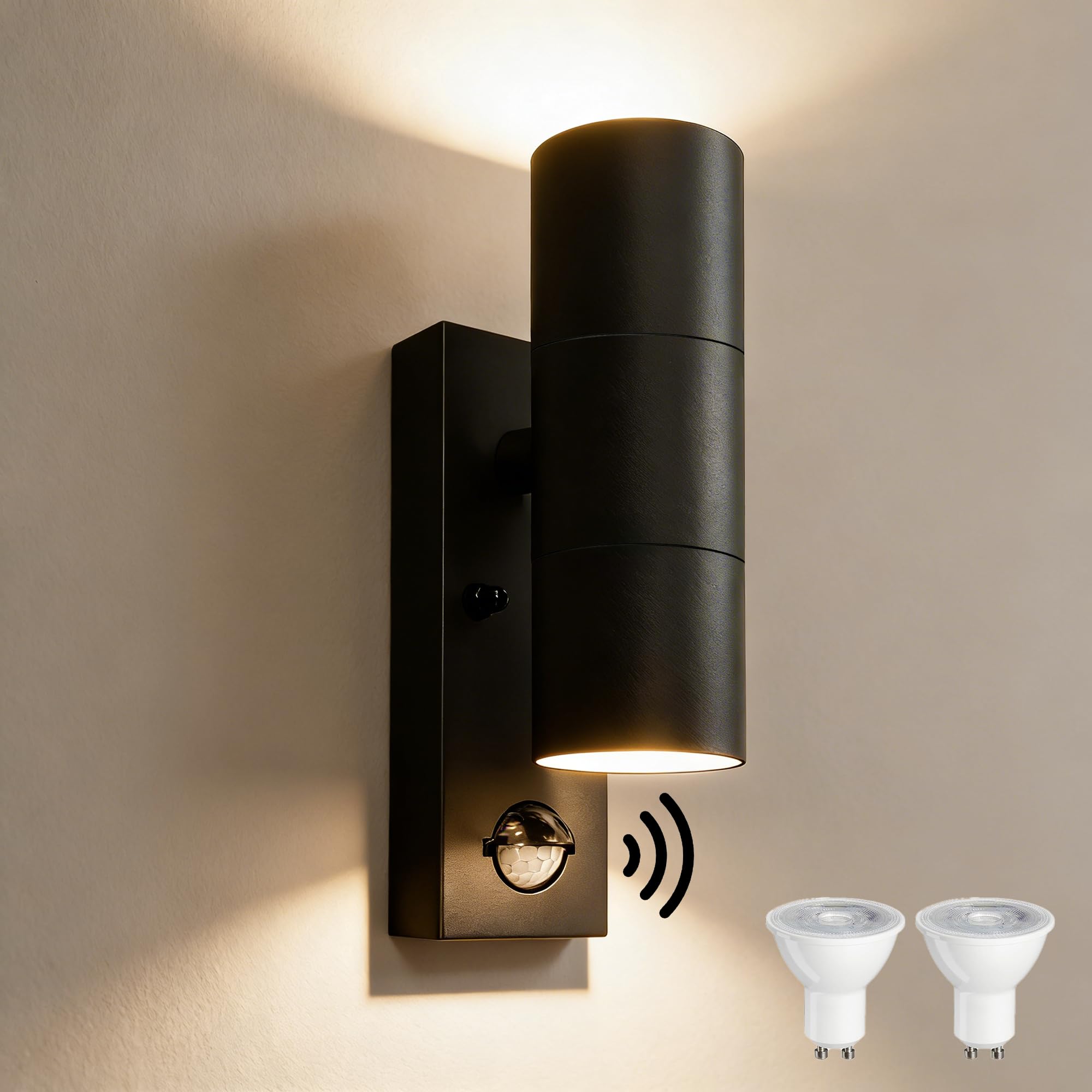 YOVGQOLV Motion Sensor Outdoor Wall Lights Up and Down, Stainless Steel PIR Outside Light Mains Powered, Front Door Lamp Porch, Incl. 2x5w 3000K GU10 Bulbs,Black