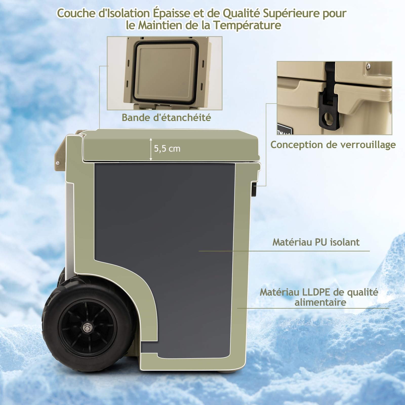 Glacière Portable 43 L, Avec Roues Tout-Terrain, Pieds