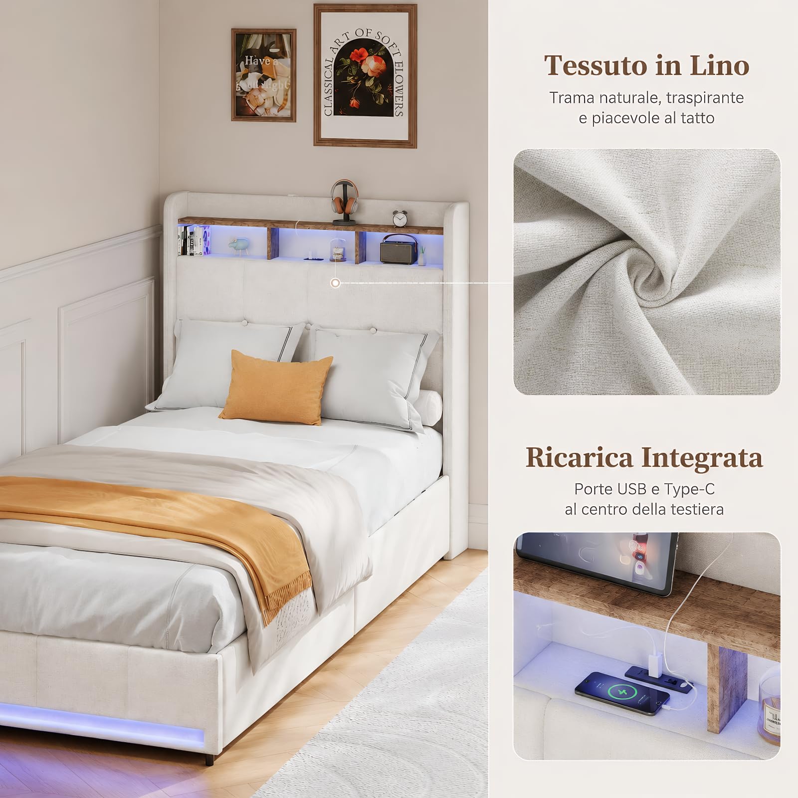 BRILVERDE Łóżko pojedyncze 90 x 200 cm ze schowkiem na szuflady, łóżko tapicerowane z diodami LED/USB, z zagłówkiem, z siatką z listew, len (beżowy, 90 x 200 cm)
