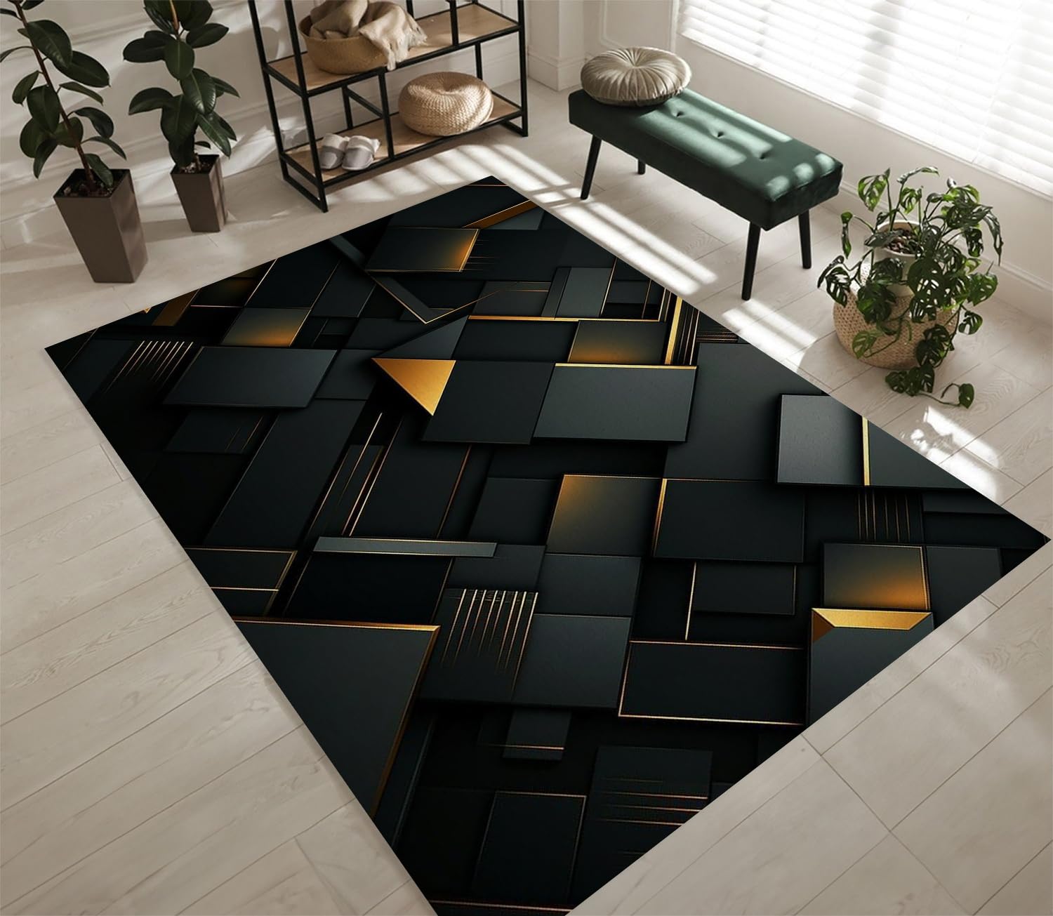 Générique Géométrie Grand Tapis de Salon Chambre 160x230cm Moderne Noir Or Lavable Antidérapant, Poils Ras Doux Tapis Décoration Moderne pour Coucher Couloir,Cuisine, Salle à Manger 1H804