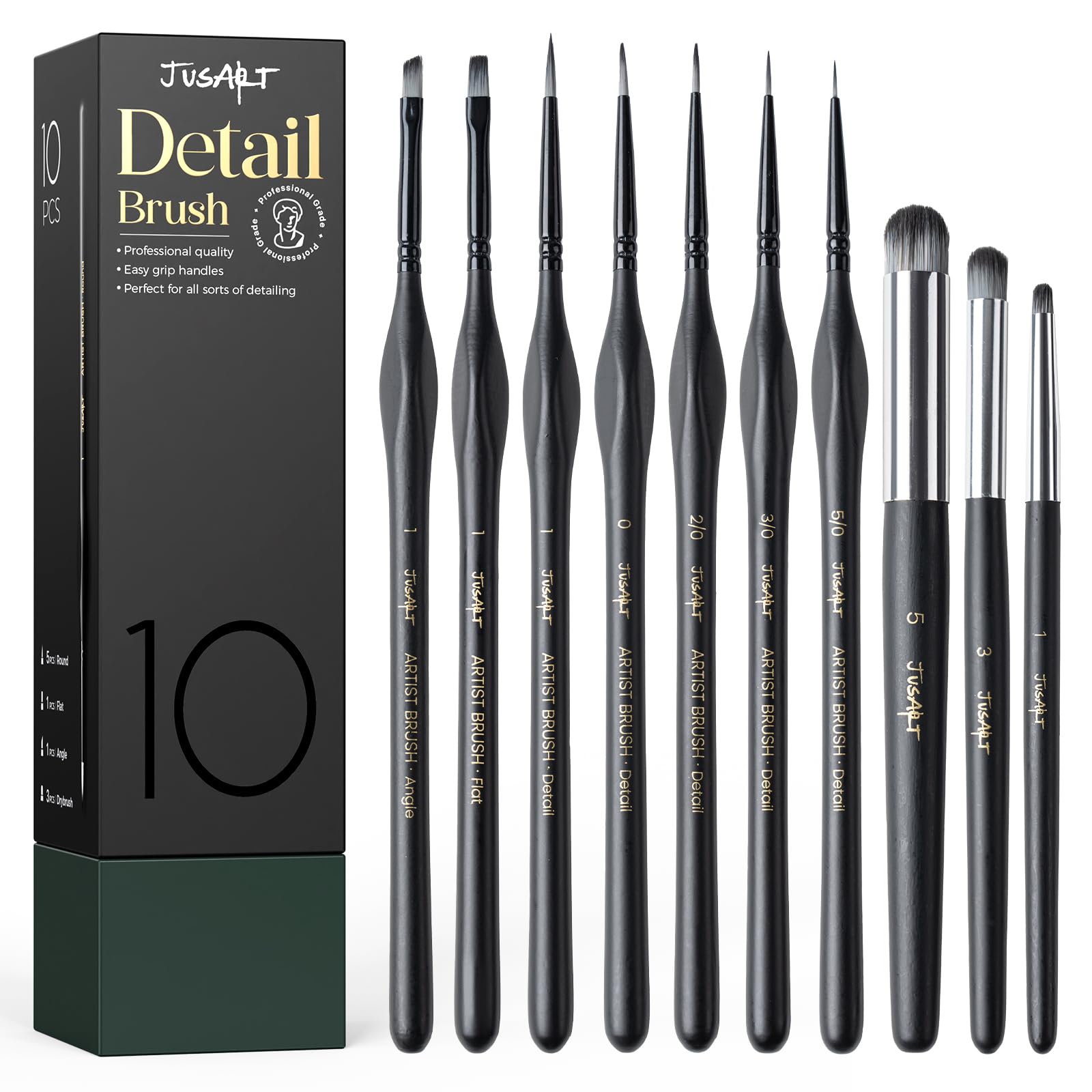 JusArt 10-Piece Detail Paint Brush Set, Miniature Paint Brushes for Models, Acrylic Oil Watercolor, Professional Fine Detail Brushes for Adults & Miniature Painters