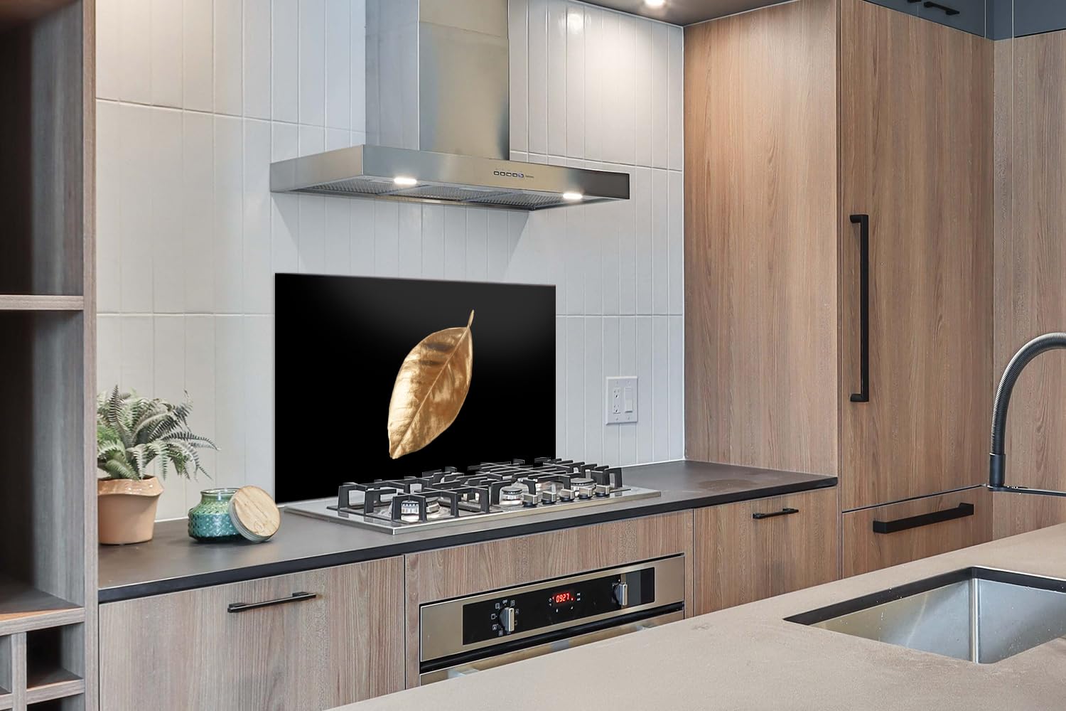 KitchenYeah© Spritzschutz Küchenrückwand Platte Küchen Zubehör Aluminium | 100x65 cm - Platte Herd Spritzschutz WandverkleidungBlätter - Gold - Luxus - Pflanzen - Schwarz