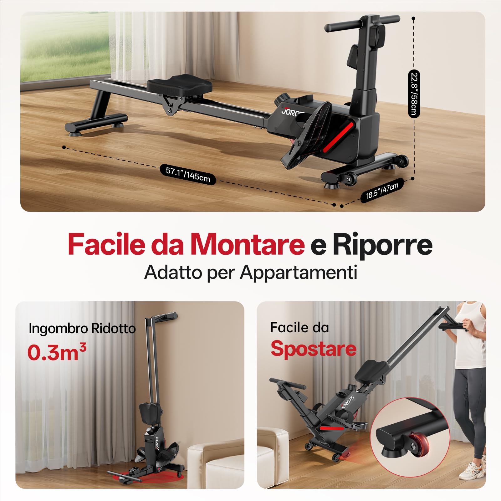 JOROTO Vogatore Domestico, 16 Livelli Resistenza - Rower Magnetico Ultra Silenzioso con App Kinomap, Doppia Guida per Stabilità, Compatto e Facile da Montare, Attrezzo Fitness per la Casa