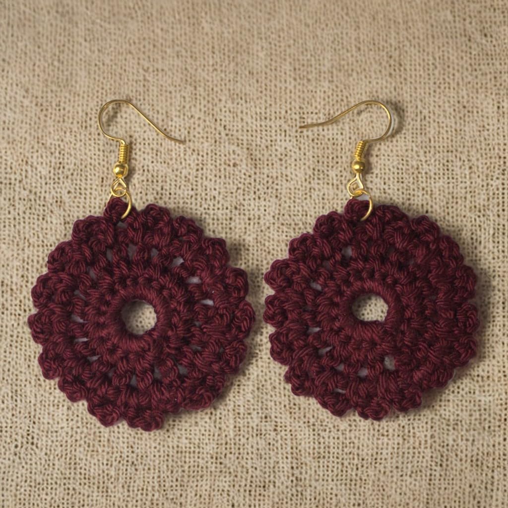 Handmade Crochet Circle Earrings – Burgundy Round Earrings, Lightweight Statement Jewelry for Women, Vintage-Inspired Boho Design, Eco-Friendly Fashion, Perfect for Casual Wear, Festivals & Gifting - Image 3