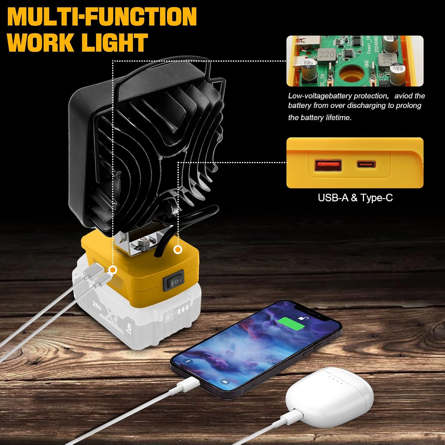 34W Work Lights Compatible with 20v Max Battery, 4800 LM Cordless Work Lights Flashlight 20V Spotlight for Workshop,Garage,Camping (Yellow 20V Max Work Light)