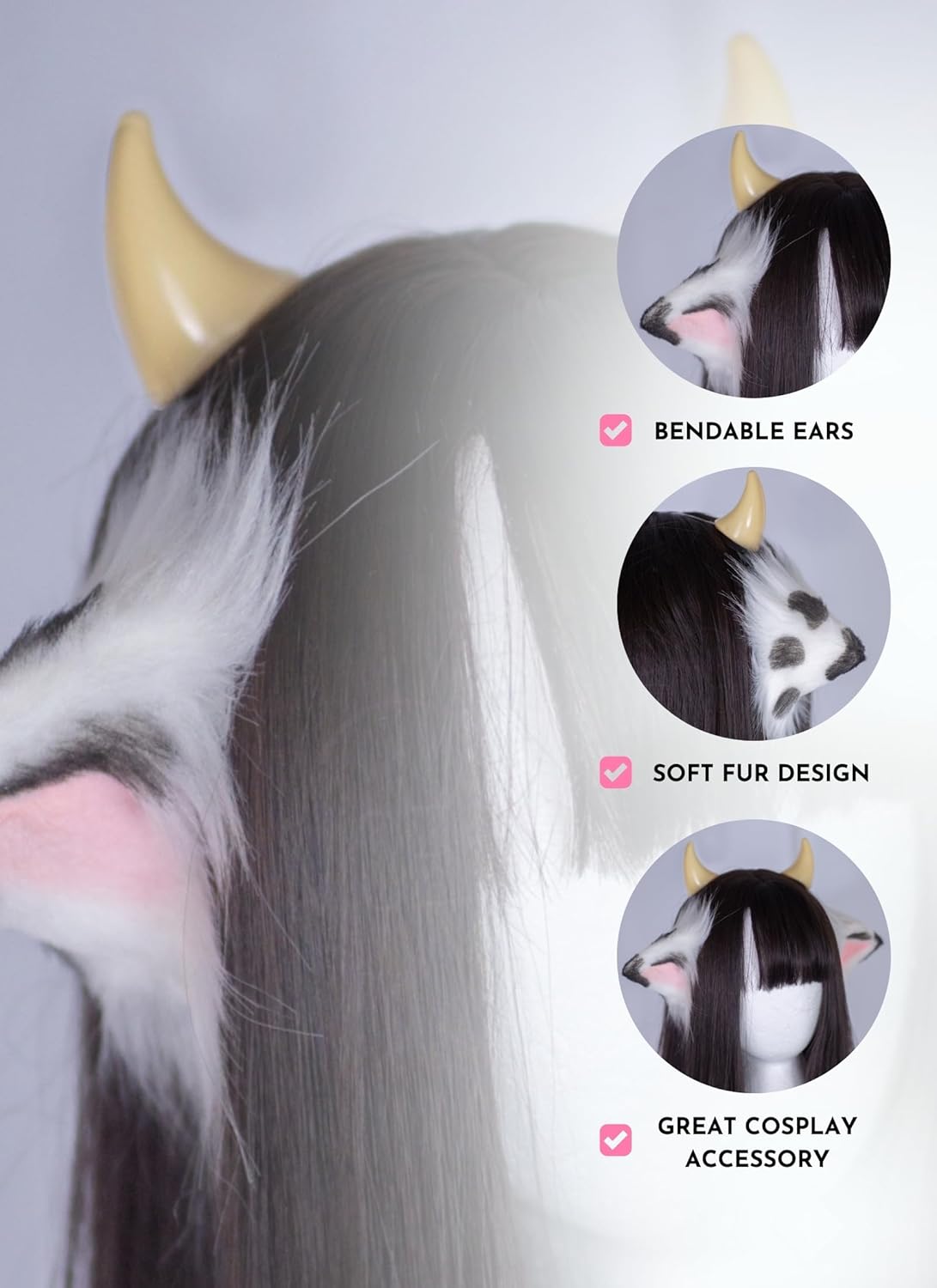 MOEFLAVOR Anime Plush Cow Ears Fur Headband with Devil Horns | Matches Any Kawaii Lingerie Costume for Sexy Cosplay - Image 3