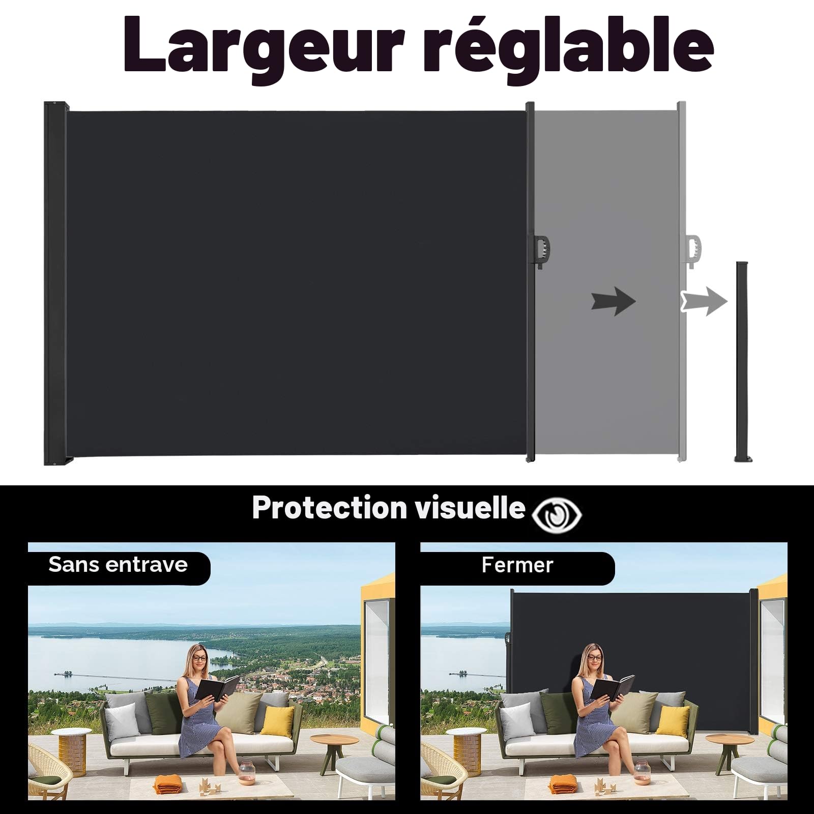 Aufun Paravent extérieur, 160 x 600 cm Store latéral Double, Brise Vue rétractable Coupe-Vent pour Jardin, Balcon, terrasse, Store latéral Vertical, Anthracite