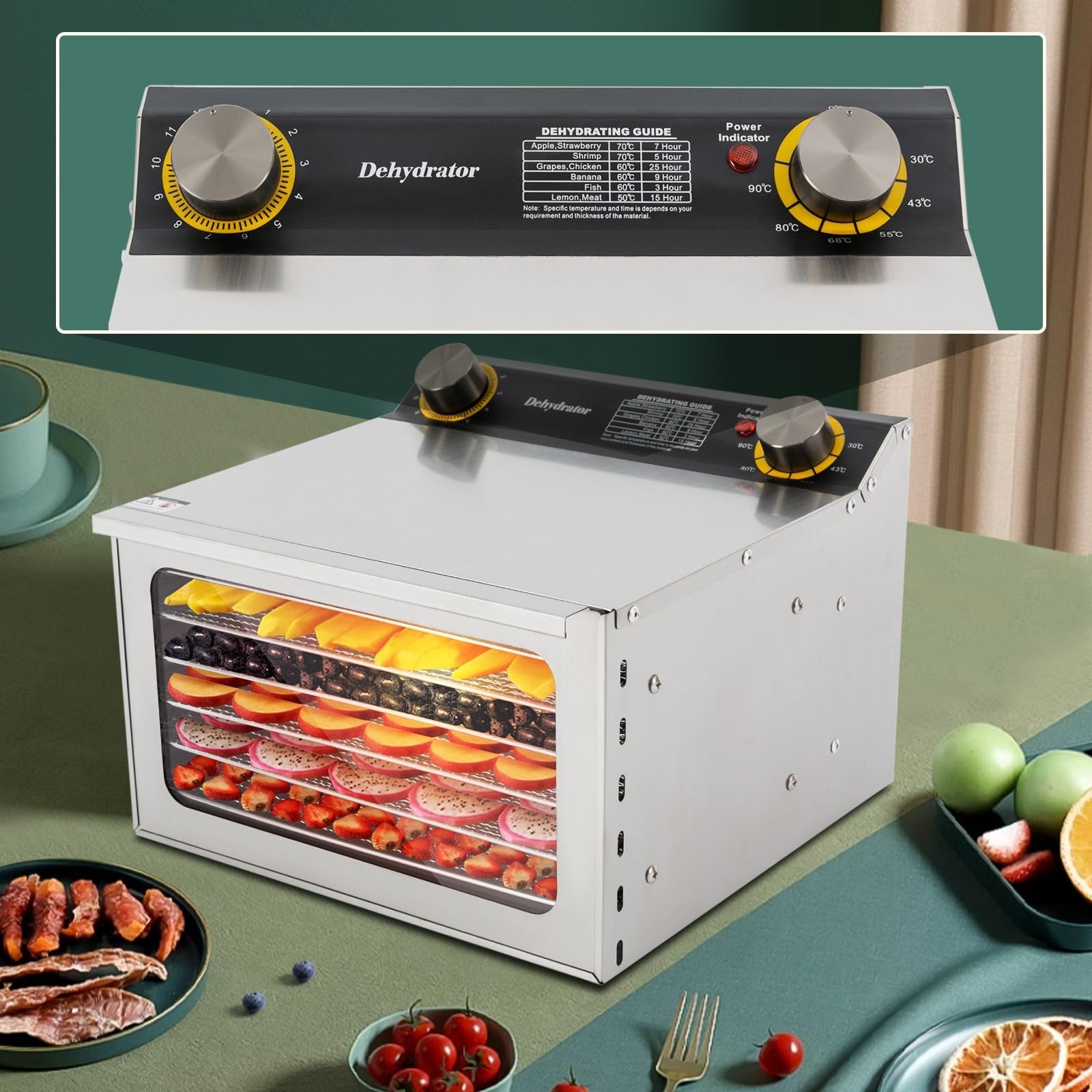 Suszarka ze stali nierdzewnej, z 6 wkładkami kratkowymi, do suszenia żywności, 400 W, regulacja temperatury do owoców, warzyw, mięsa, zastosowań kuchennych