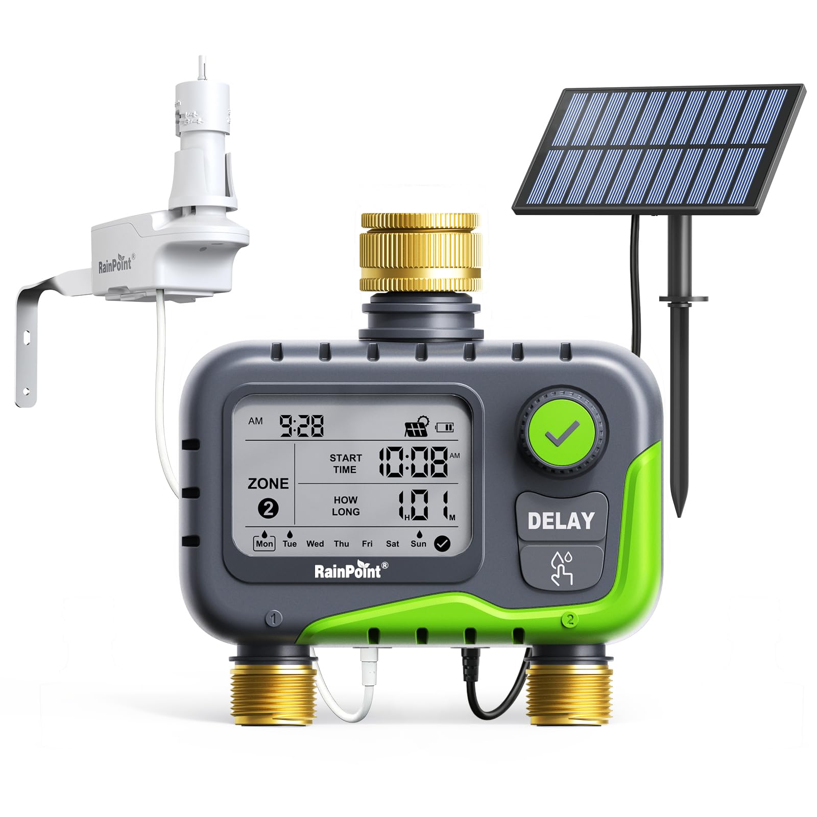 RAINPOINT Bewässerungscomputer mit 3 unabhängigen Bewässerungsplänen, einfache Bedienung, Dual-Anschlüsse für Regensensor und Solarpanel, Regenverzögerungsfunktion, IP65 wasserdicht