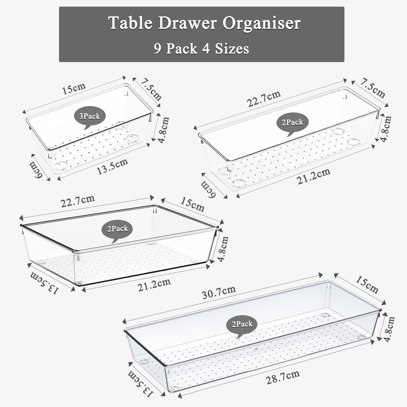 Kriovoa 9 Pack Kitchen Drawer Organiser, Large Clear Drawer Storage Tray with Non-Slip Pads - Image 2