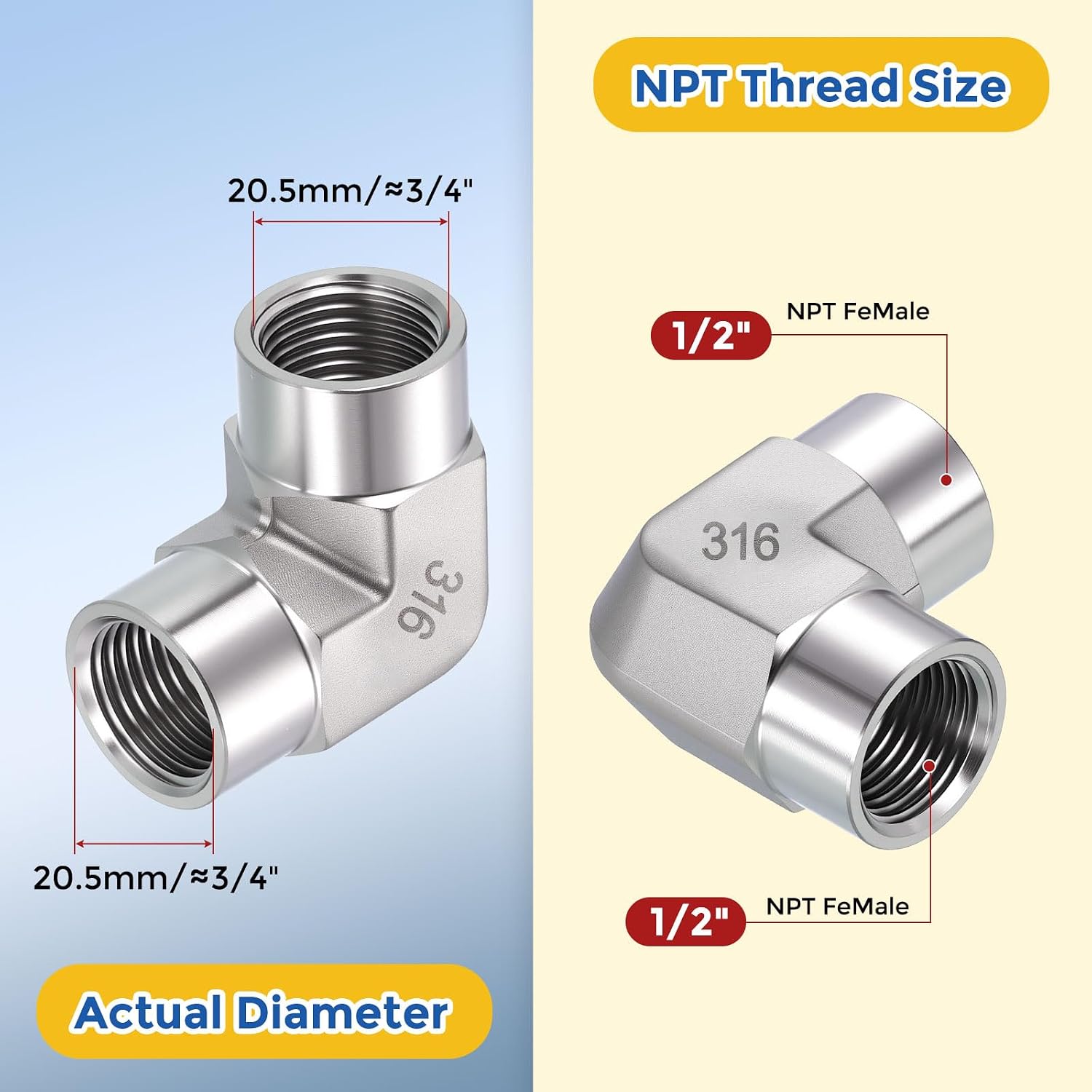 2 Pack 316 Stainless Steel Pipe Fittings, 90 Degree 1/2" FeMale NPT to 1/2" FeMale NPT Barstock Street Elbow W/Sealing Tape, Forged Pipe Fitting Connector for Air, Oil, LP