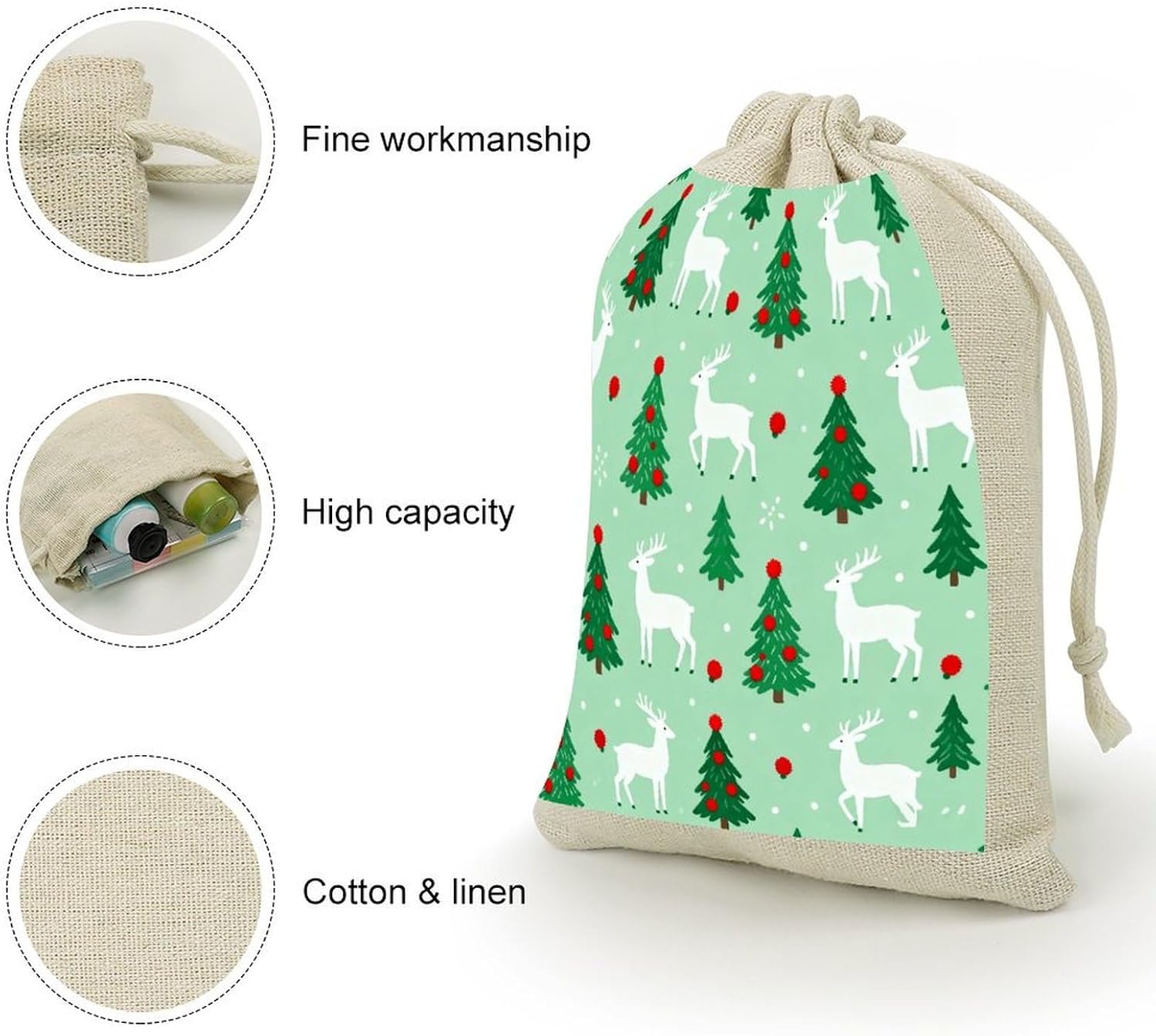Green Christmas Pattern Drawstring Bag Fashionable Cinch Bags Bunches Pocket Set of Eight Multipurpose Drawstring Storage Bags for Daily Storage Kitchen Dressing Table