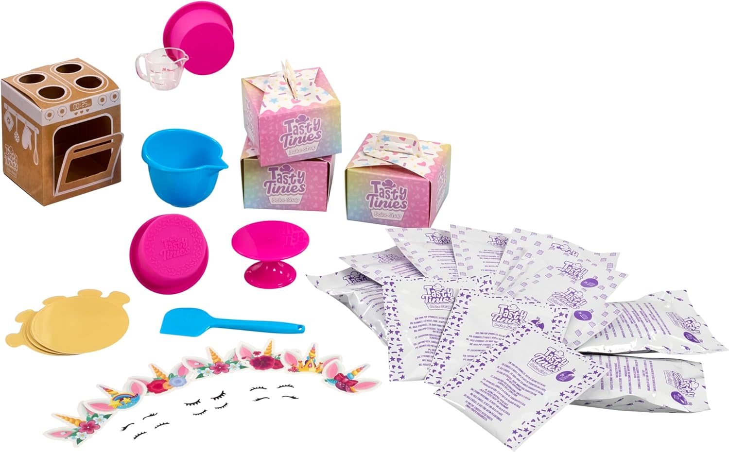 Goliath Tasty Tinies Bake Shop | Unicorn Bakery Party Pack | Red Velvet Cake Mix & Cream Cheese Flavor Frosting | Mix, Bake & Decorate 6 Real Mini Cakes | Includes Mini Tools & Ingredients | Ages 6+
