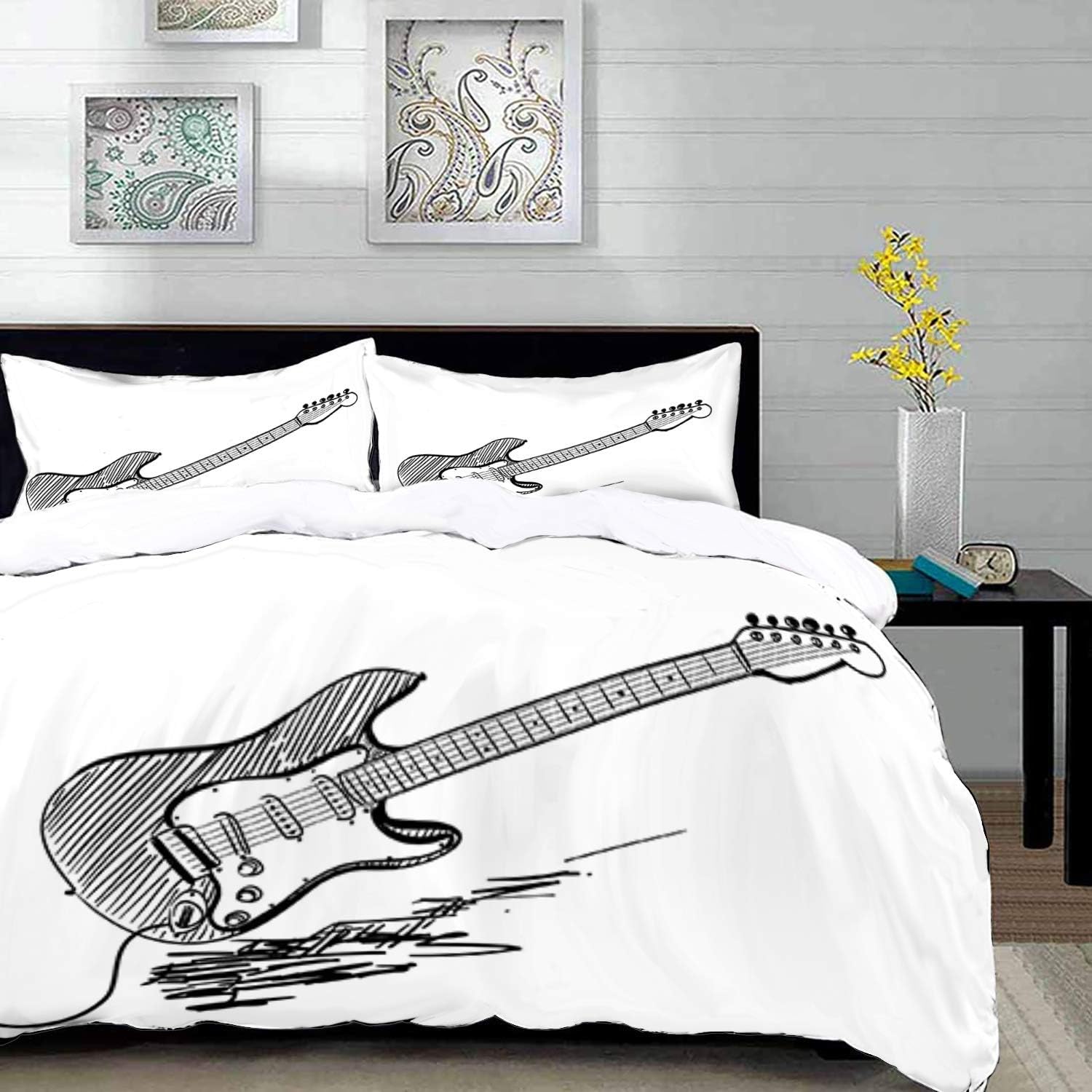 621 Guitar,Hand Drawn Style Electric Guitar on White Backdrop Rock Music Accords Sketch Art,Black W,Microfibre Duvet Cover Set 260 x 220cm with 2 Pillowcase 50 X 80cm
