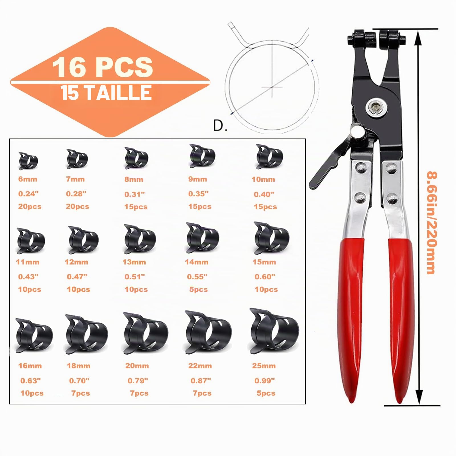 Assortiment de 166 colliers de serrage à ressort avec pince à bec plat 6-25 mm 15 tailles - pour conduites de carburant, tuyau d'aspiration en silicone, petite pince en acier avec revêtement Dacromet