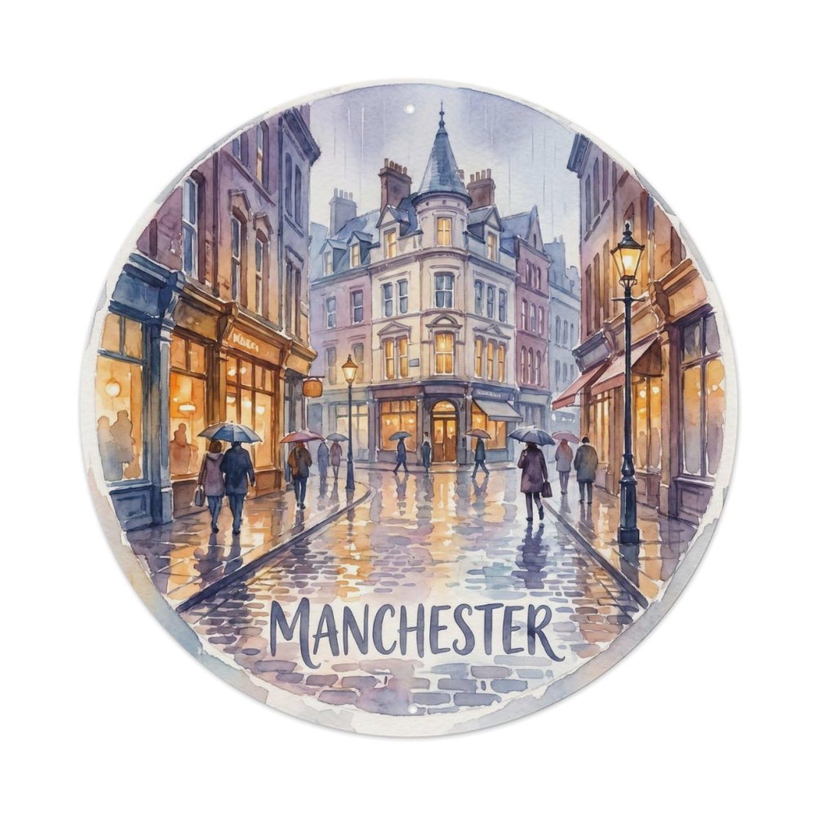 Manchester Rainy Street Travel Cityscape Impressionist Vintage Metal Tin Sign Plaque Wall Decor for Cafe, Man Cave, Club Bar, Office, Home Garden Round Metal Poster 8x8Inch