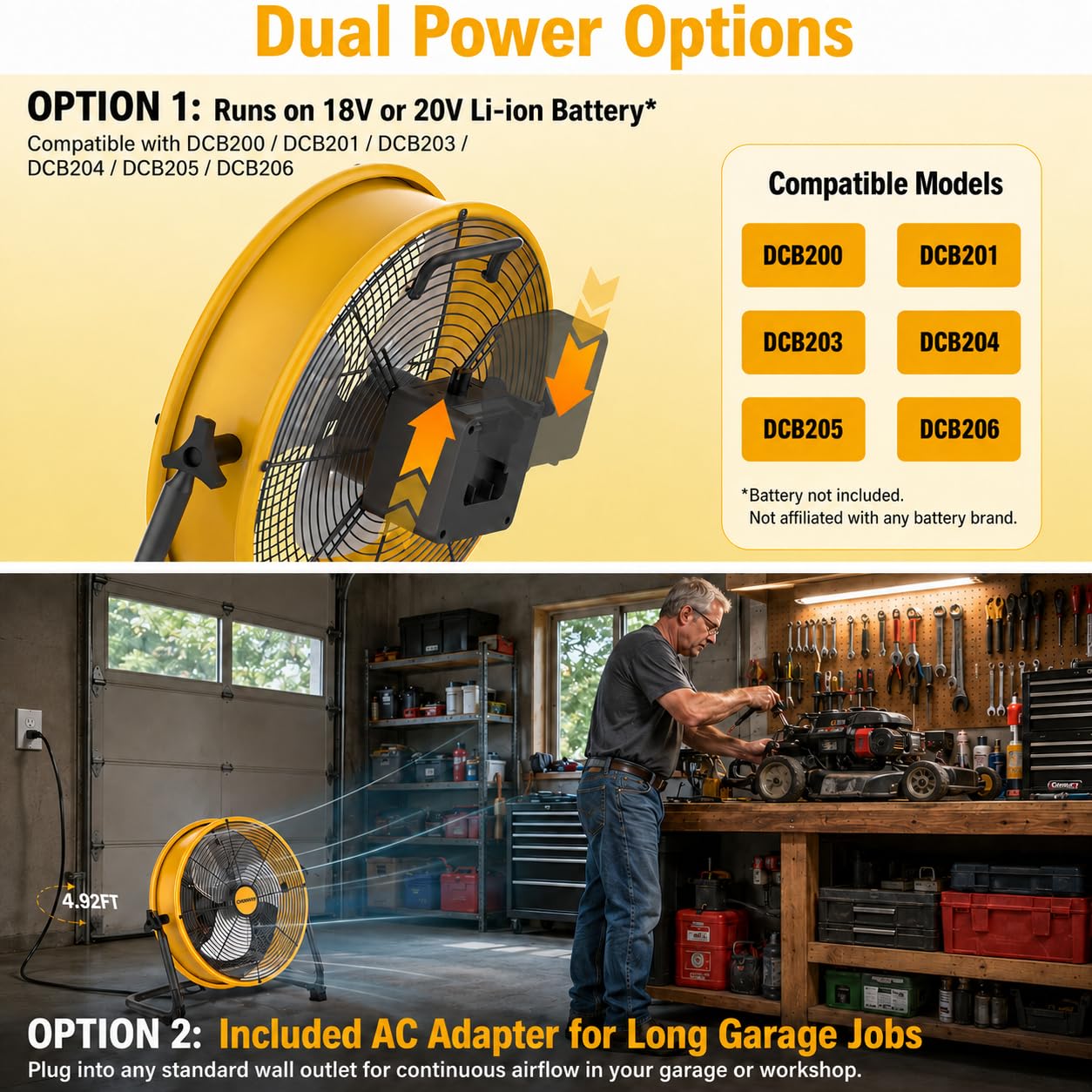 Ventilador de suelo con pilas de 16 pulgadas para batería Dewalt de 20 V máximo, ventilador portátil con adaptador de CA y salida USB, ventilador inalámbrico de alta velocidad industrial de metal para