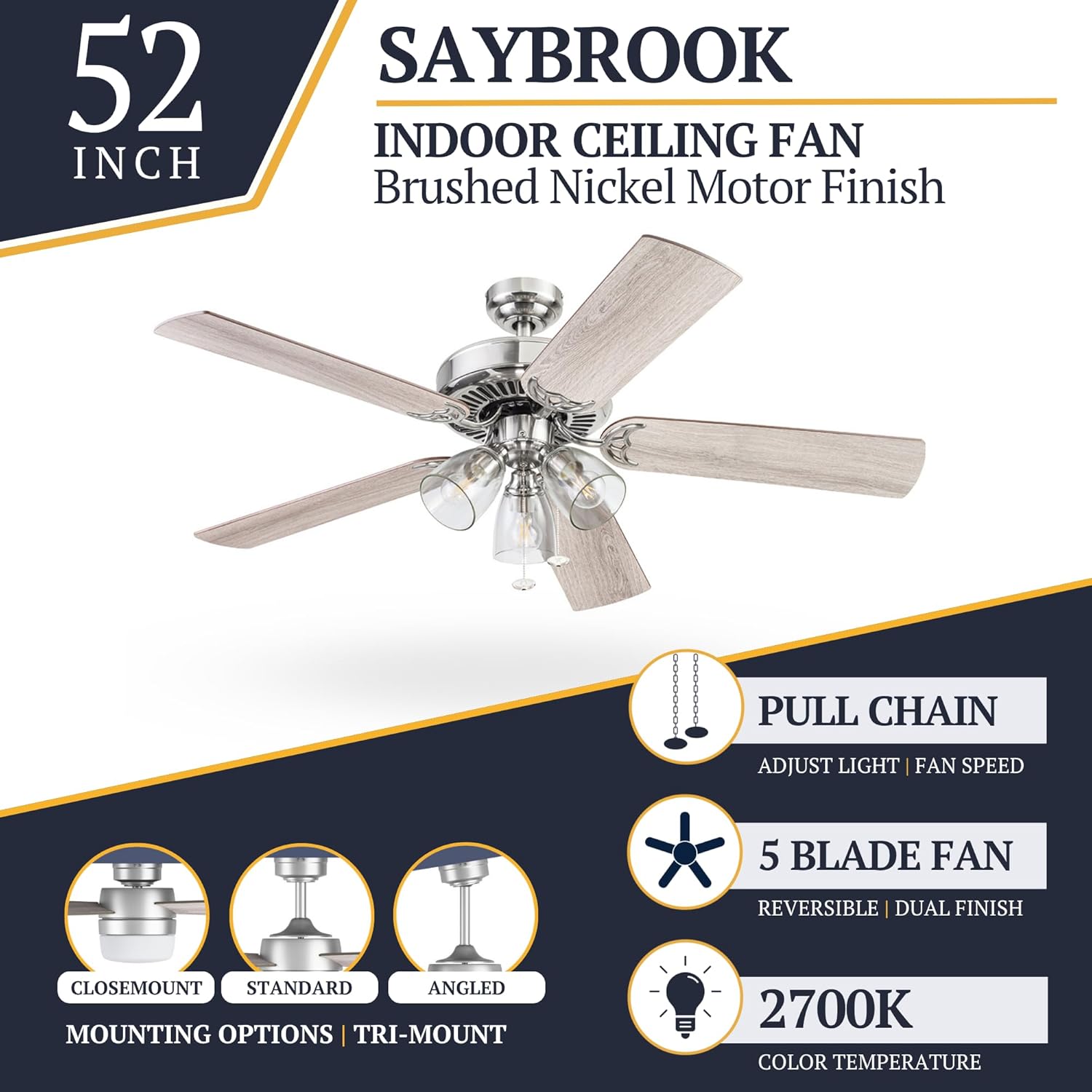 Prominence Home Saybrook Modern Farmhouse 52 Inch Ceiling Fan with Light, LED Ceiling Fan, Tri-Mount Indoor Fan with 5 Blades, Gray Oak and Brown Walnut Blade Finish Options, Matte Nickel (51592-01)