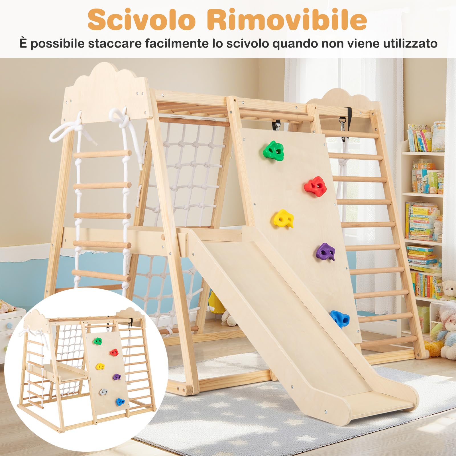6 in 1 Set Arrampicata per Bambini, Palestra in Legno con Barre di Scimmia Scivolo Corda e Scale in Legno, Parco Giochi per Bambini 1+ Anni (N | Leroy Merlin
