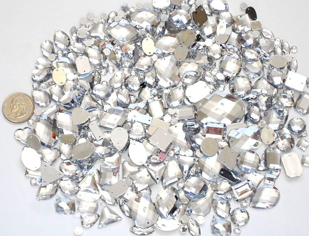 LOVEKITTY ® 350 pcs lot - Sew-On Gems -Clear Mixed Shapes Flat Back Gems (Mixed Sizes 3mm - 40mm Has Thread Holes)