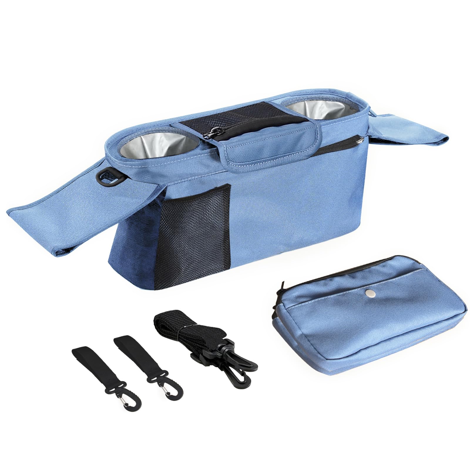 Organizador de cochecito con funda extraíble para teléfono móvil y correa para el hombro, bolso impermeable para cochecito de bebé, multifuncional de poliéster