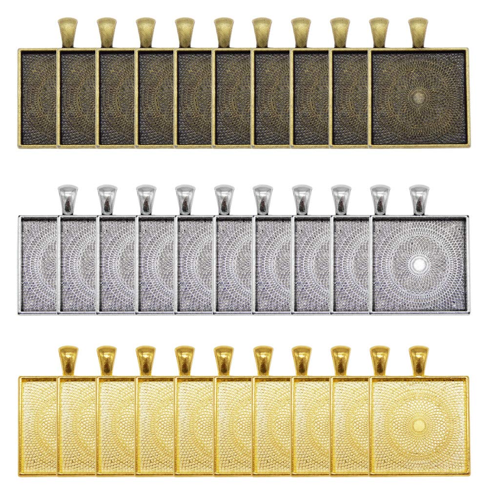 30 Pack Alloy Metal Blanks Bronze Gold Silver Bulk Inner 25mm Square Base Settings Photo Frames Handmade Necklaces Pendants Trays Bezels Charms DIY Jewelry Making Accessories, Zinc