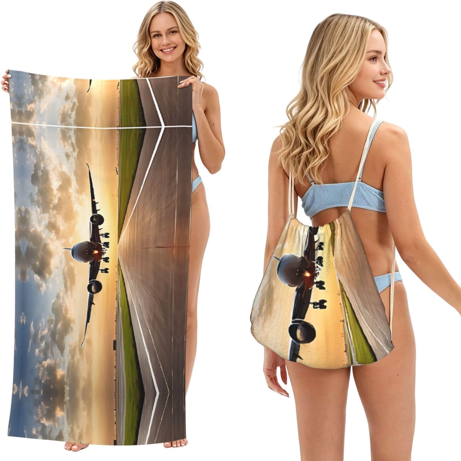 ESNAIUVCD Airplane Print Beach Towel For Adults,Towel With Drawstring Bag, Travel Pool Swimming Sports Shower Sand Free Quick Dry Bath Towel For Pool, Beach, Yoga- 180x60cm