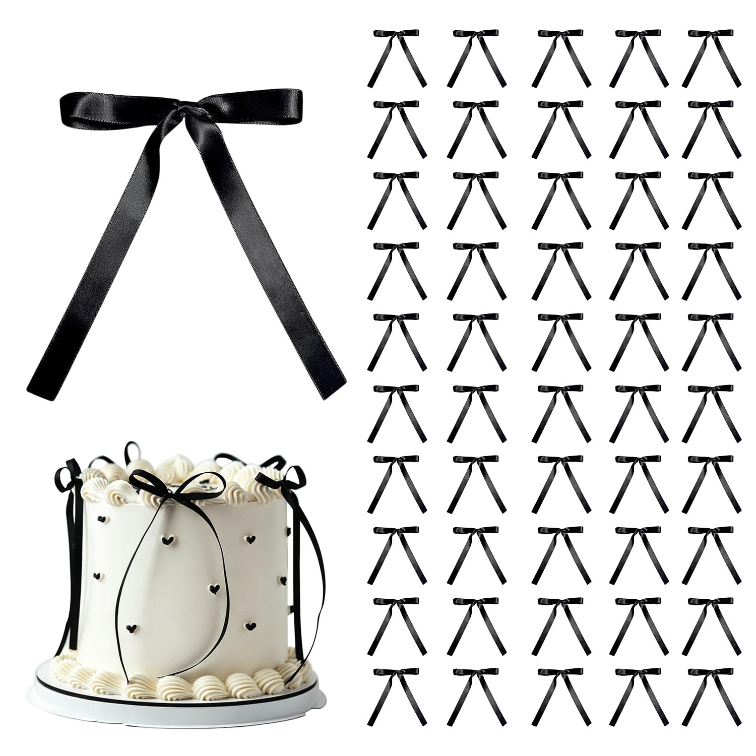 DYSWTUE 50 PCS Black Bow Cake Topper, Bowknot Ribbons, Coquette Themed Bow Cupcake Dessert Decorations for Balloons, Birthday, Wedding, Anniversary, Bachelorette Party Supplies