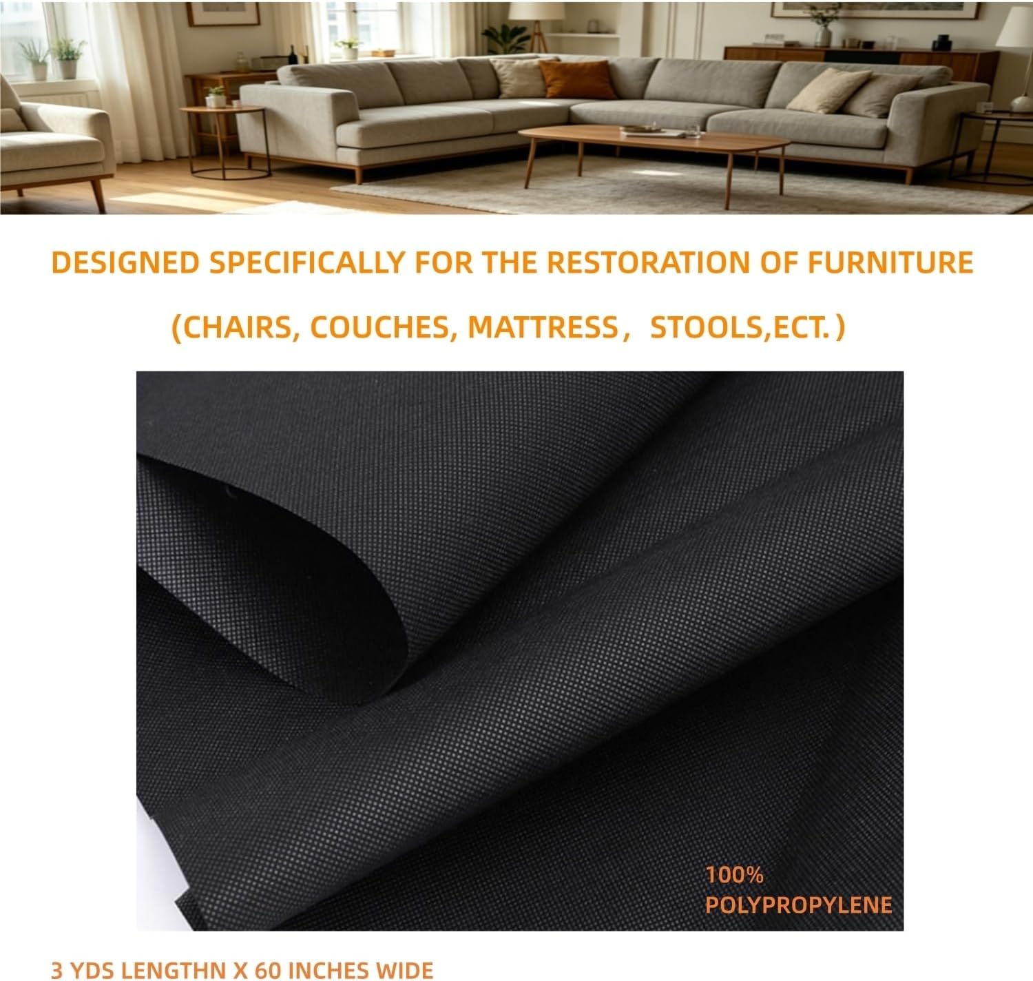 Olgamo 60 Inch x 3 Yard Upholstery Black Cambric Dust Cover Fabric Replacement for Sofas, Dining Chairs, Conceals Frame and Staples Inside Furniture