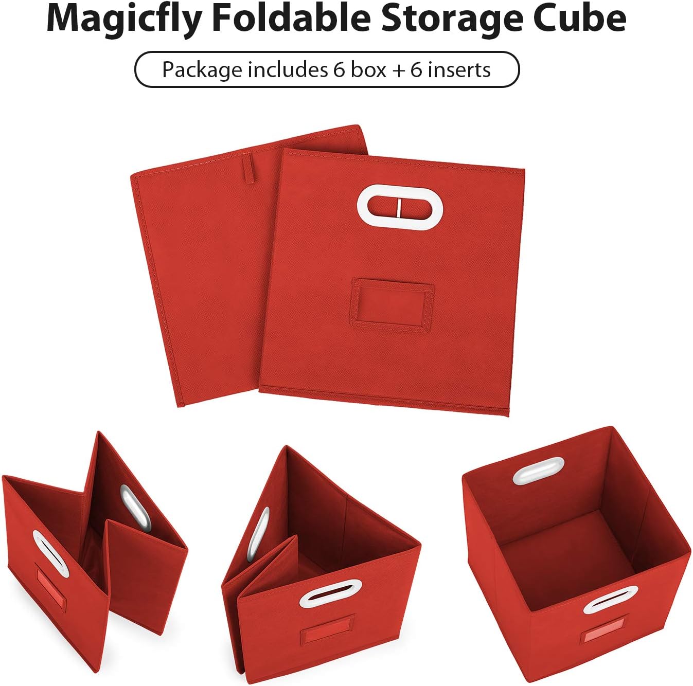 Magicfly Foldable Fabric Bins for Shelves with Label Holder, Set of 6 Collapsible Storage Cube 12X 12 Inch Closet Shelf Organizer Bins for Nursery, Mandarin Red