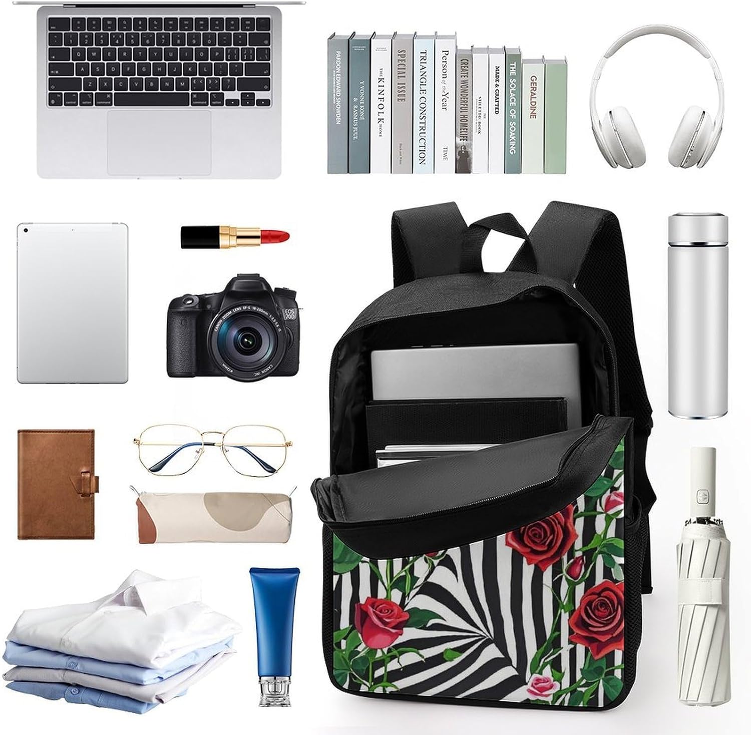 Black White Stripes Red Rose Flowers 17 Inch Laptop Backpack, College Bookbag image 3