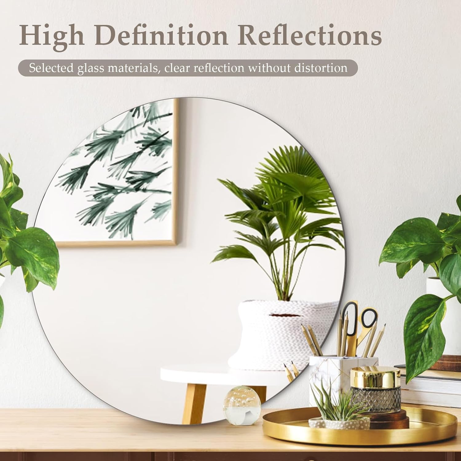 20'' Glass Round Mirror for Wall Decor, Wall Mounted Circle Mirror with Adhesive Tapes for Bathroom, Living Room, Vanity, Bedroom, Entryway, Over Sink, Hallway, Home Decor