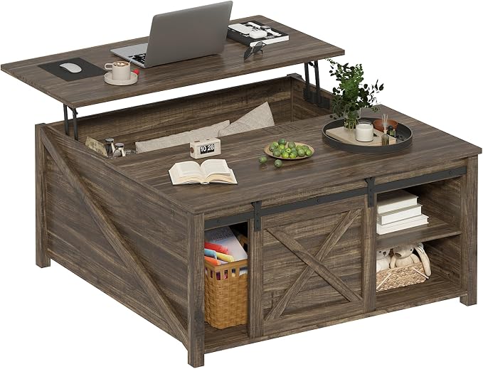Lift Top Coffee Table with Storage, 31.5" Farmhouse Coffee Table for Living Room, Square Coffee Tables with Large Hidden Storage and Sliding Barn Doors, White