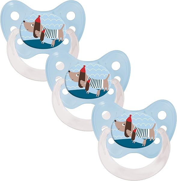 dentistar Silikon Schnuller 3er-Set - Größe 1 Schnuller 0-6 Monate - Zahn- & kieferfreundlicher Nuckel mit Dental-Stufe – BPA-frei – Made in Germany - Dackel, Blau - 1