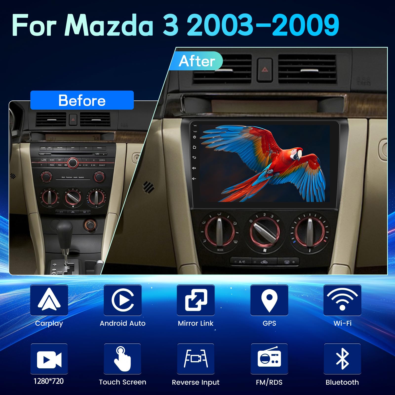 4G+64G Android Autoradio per Mazda 3 2003-2009 con touchscreen 9 pollici 1280x720, CarPlay & Android Auto Wireless, DSP 32EQ, WiFi, GPS, FM RDS Radio, Bluetooth 5.0, SWC + Retrocamera