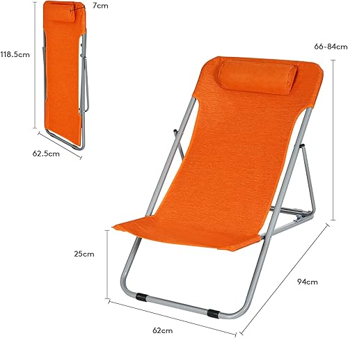 Miniatura 7 de GYMAX Silla de playa, 2 piezas para adultos con respaldo ajustable de 3 niveles y almohada extraíble, silla de campamento reclinable portátil para