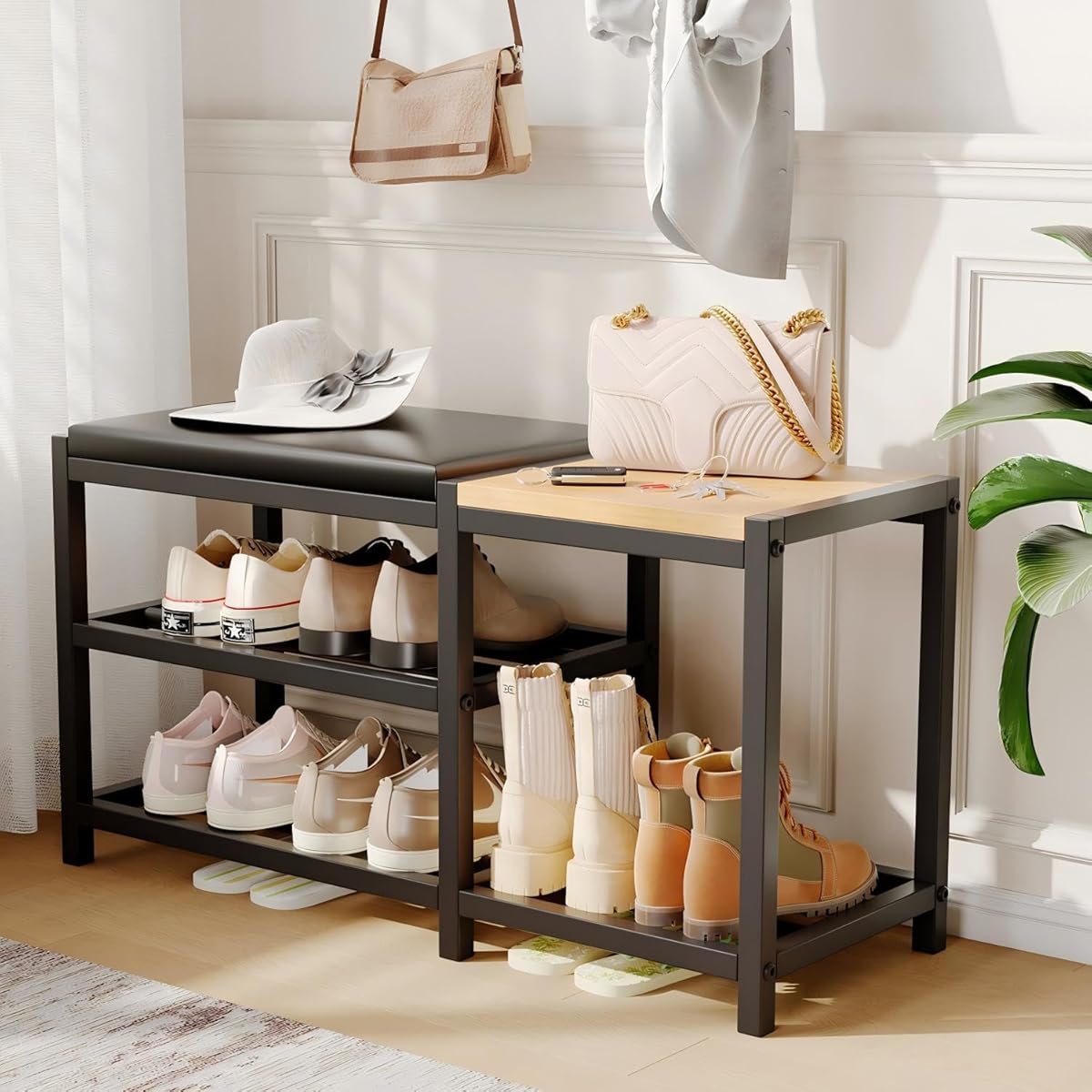 Shoe Bench,Shoe Organizer，Holds Up to 570 lb，12 x 30.7 x 17.3Inches，3-Tier Shoe Storage Bench,Entryway Bench with Cushioned Seats,for Shoe Rack in The Bathroom,Entryway,Bedroom,Living Room