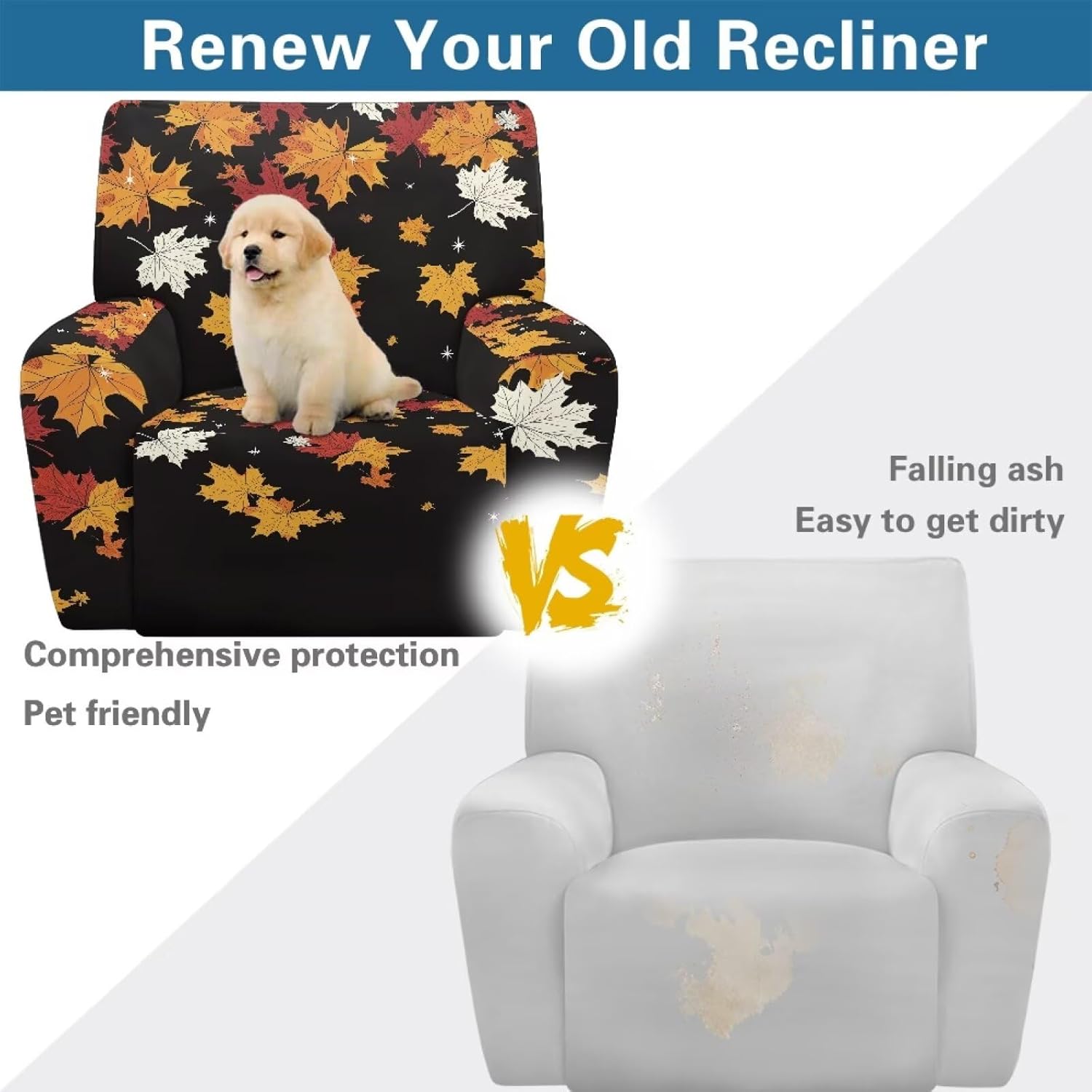 FOR U DESIGNS Maple Leaves Stretch Recliner Covers 4-Piece Set Elastic Sofa Slipcover Fit Small Recliners with Storage Pocket Machine Washable Furniture Home Decor