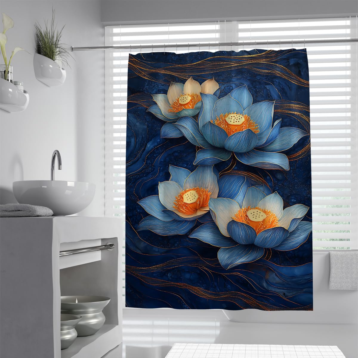 UIRINGART Modern Indigo Lotus Shower Curtain W150xL180cm Light Blue Flower Yellow Core Dark Fluid Wave Pattern Quick Dry Bath Curtains Rustproof Grommets Home Hotel Decoration