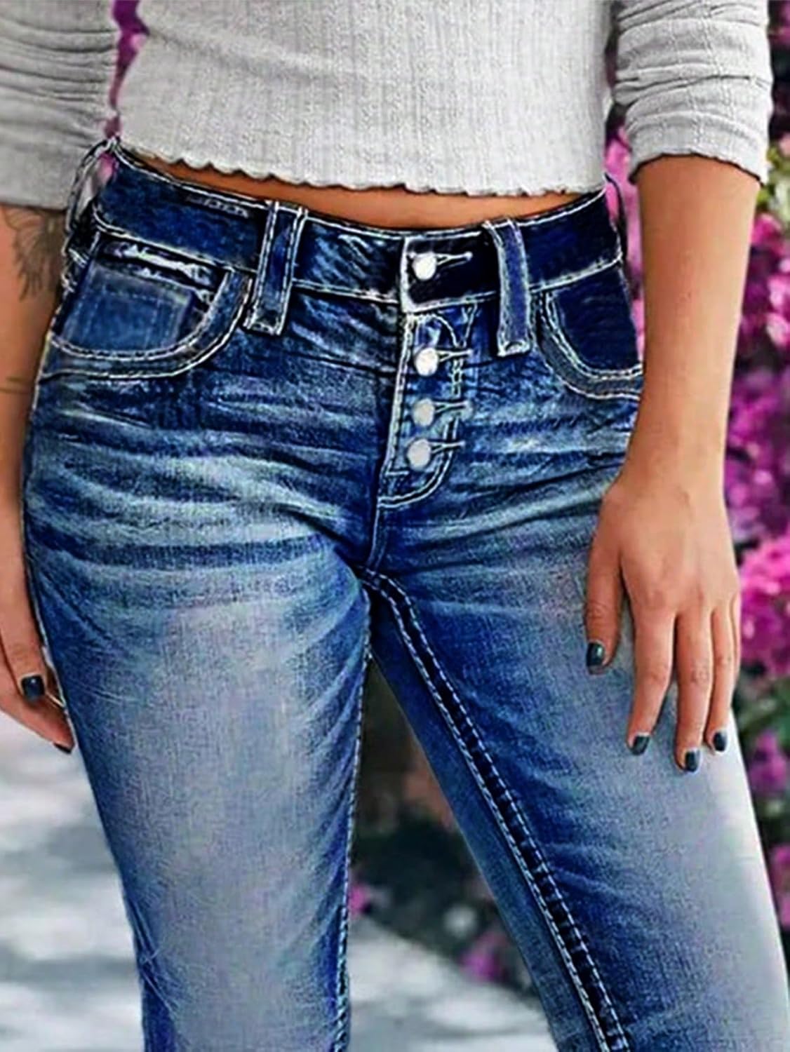 Stretch Skinny Jeans Distressed Streetwear Pants Tummy Control Denim Leggings Faded Button Fly Trendy Pants - Image 5