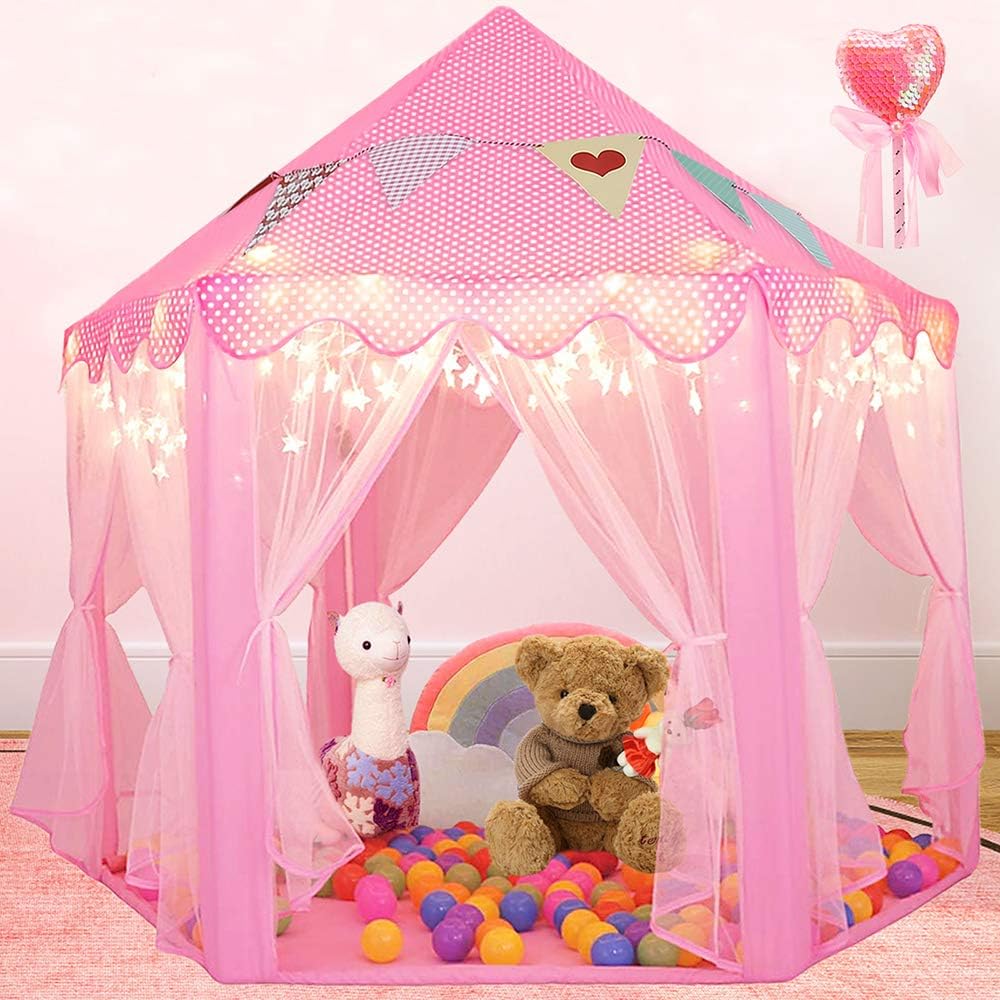 Scientoy Kids Play Tent, Princess Castle Tent with Star Lights for Kids, Bonus Magic Wand and Banners Decor, 55" x 53"Large Hexagon Playhouse for Girls Age 3+ Indoor & Outdoor Games (Pink)