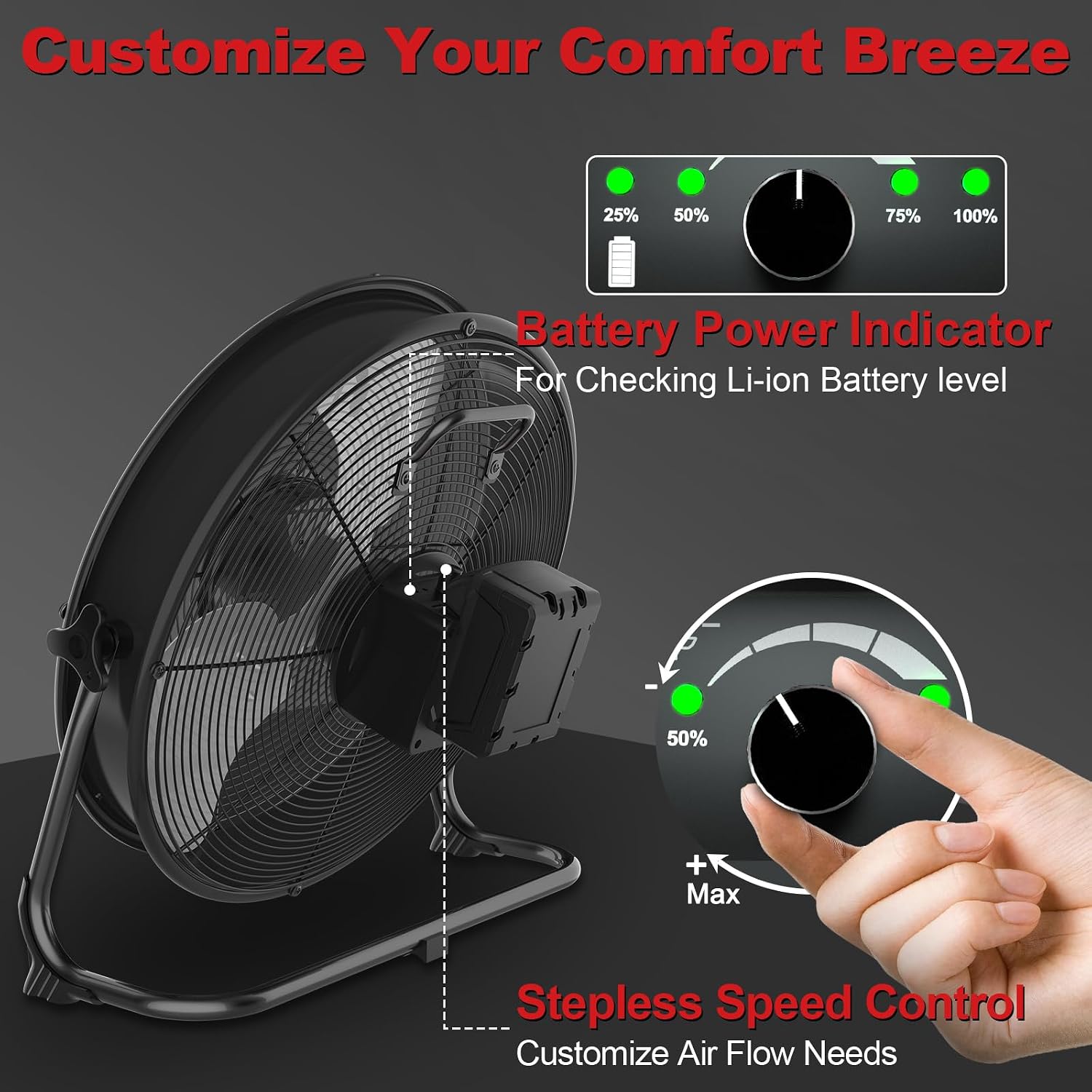 16" Battery Powered Floor Fan with LED Light Compatible with Milwaukee