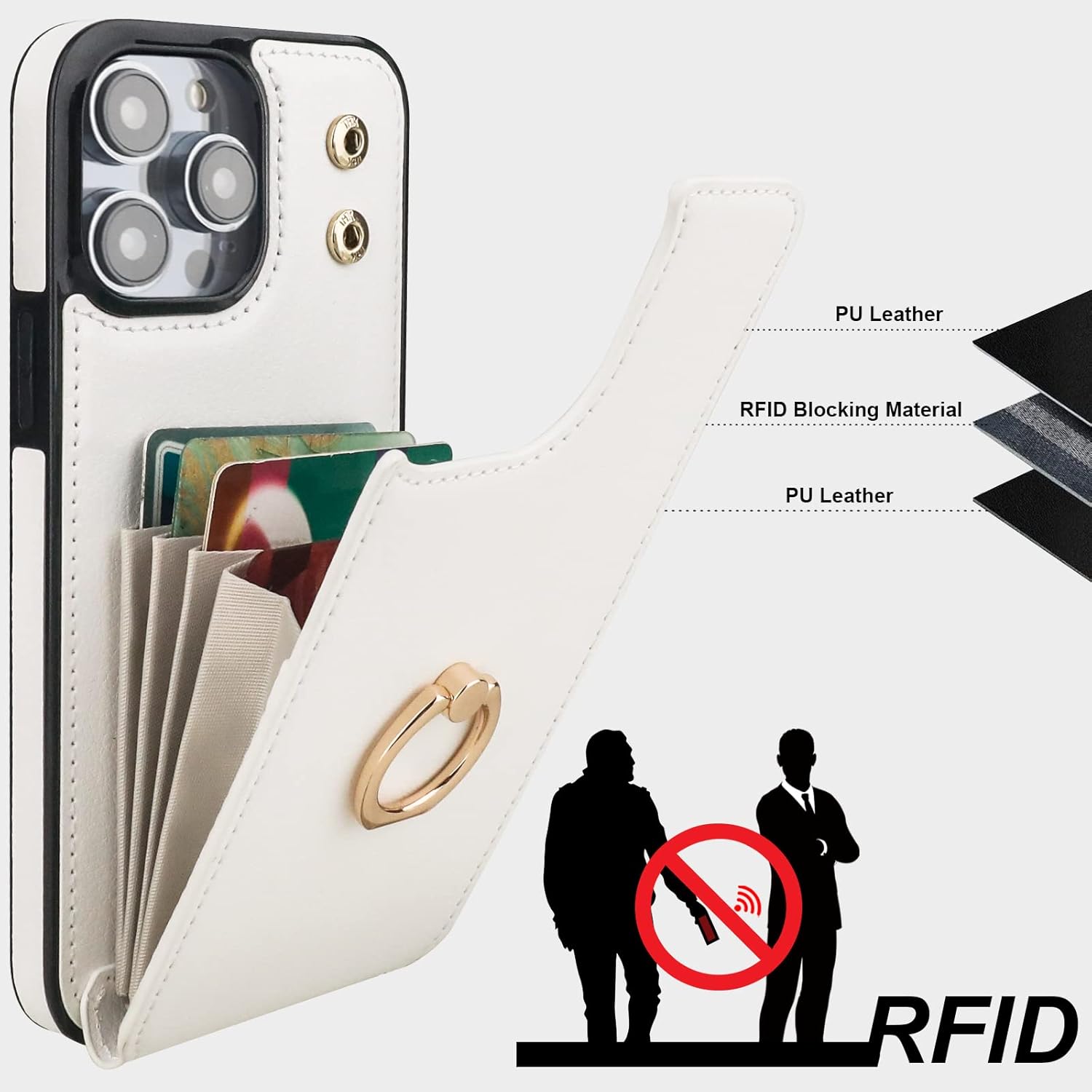 Folosu Compatible with iPhone 14 Pro Case Wallet with Card Holder, 360°Rotation Finger Ring Holder Kickstand, RFID Blocking Leather Protective Double Buttons Shockproof Cover 6.1 Inch White - Image 5