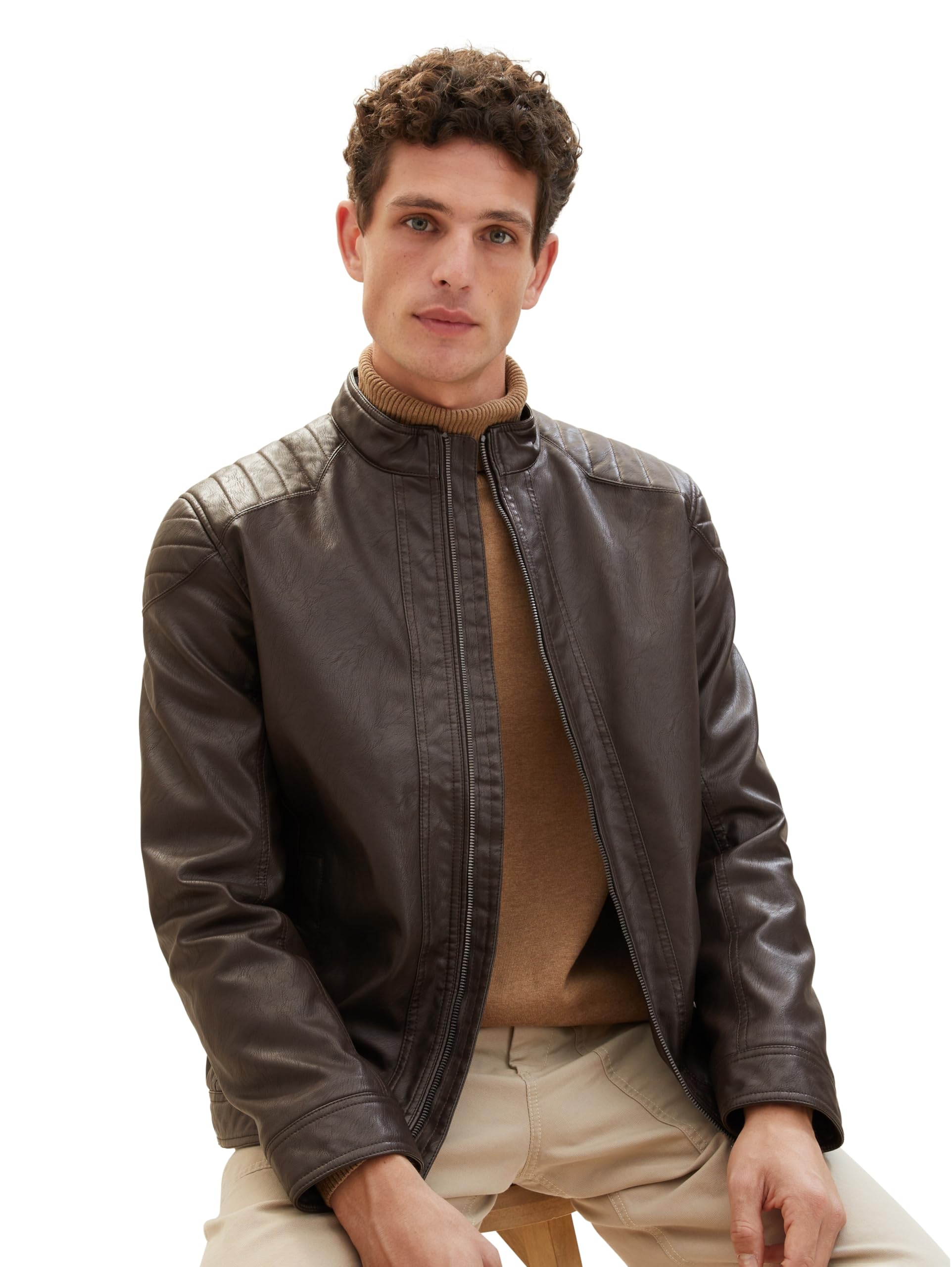 TOM TAILOR Męskie Kurtka motocyklowa ze sztucznej skóry 1026337, 31523 - Espresso Brown Fake Leather, S