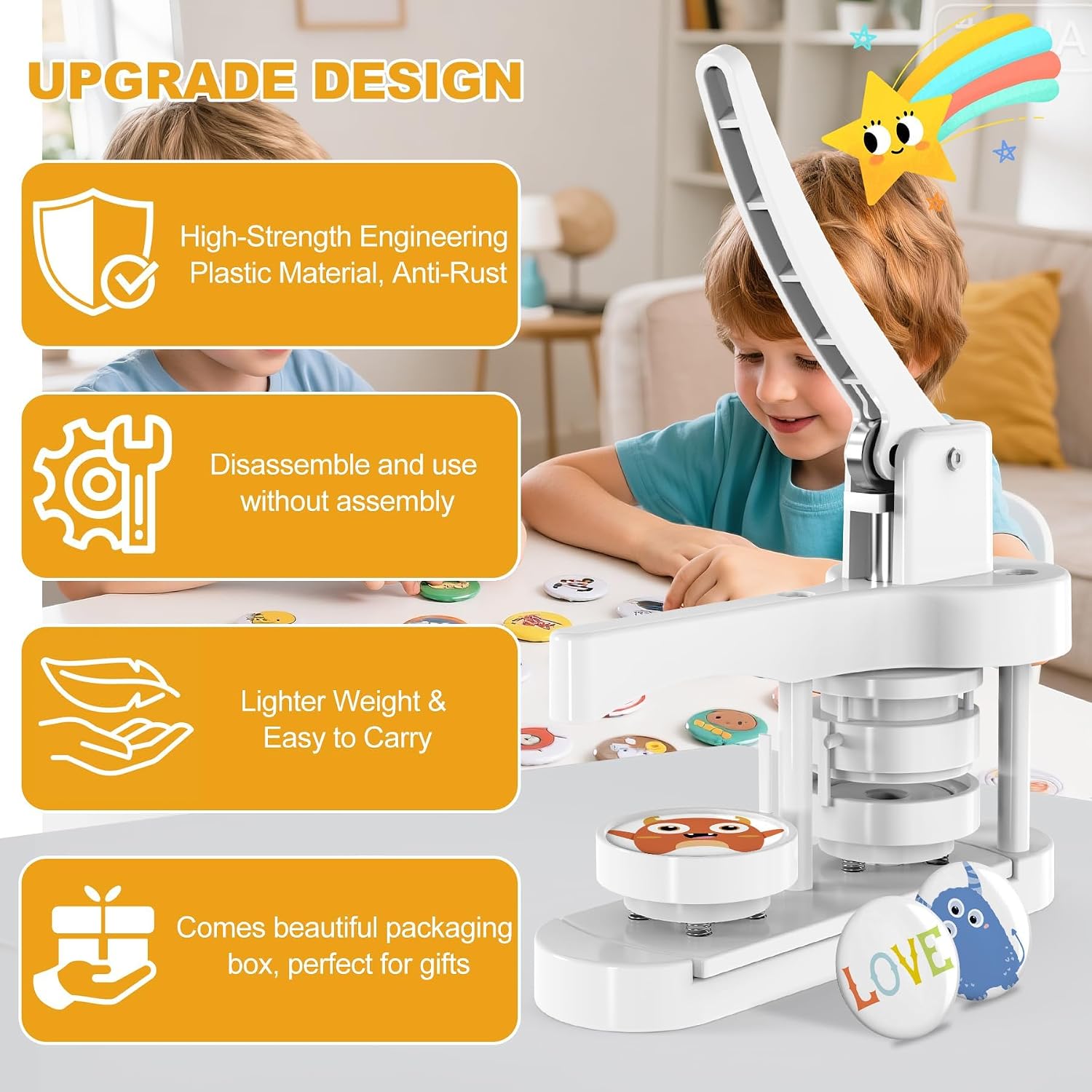 Button Maker Machine, Pin Maker Machine, Button Press Machine, DIY Badges Making Machine Kit with Free 50pcs Supplies, Installation-Free (White, 58mm)