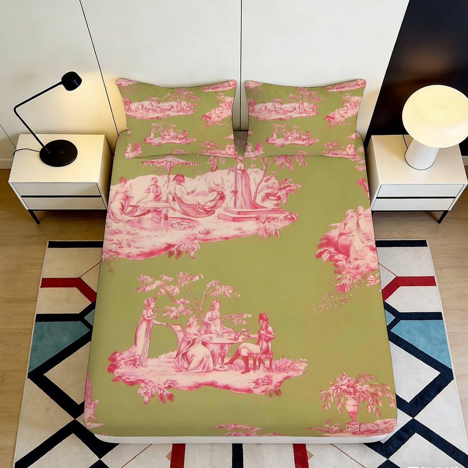 3D Printed Pastoral Landscape Fitted Sheet Microfiber Soft Green Pink Toile Bed Cover Bedroom Guest Room Decor 90x200x25cm