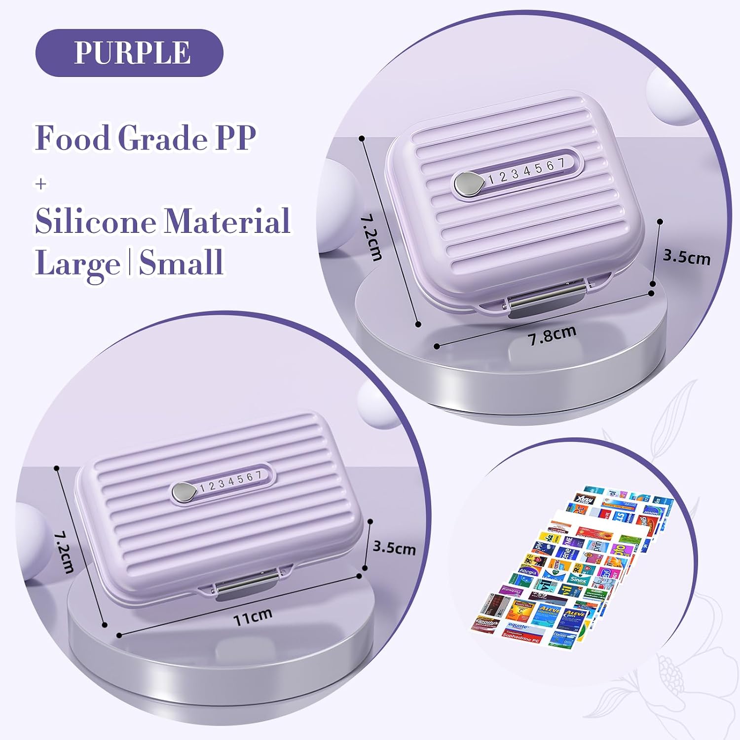 Travel Pill Organizer Box with Medicine Labels, Purple S+L 2Pack Pill Case image 2