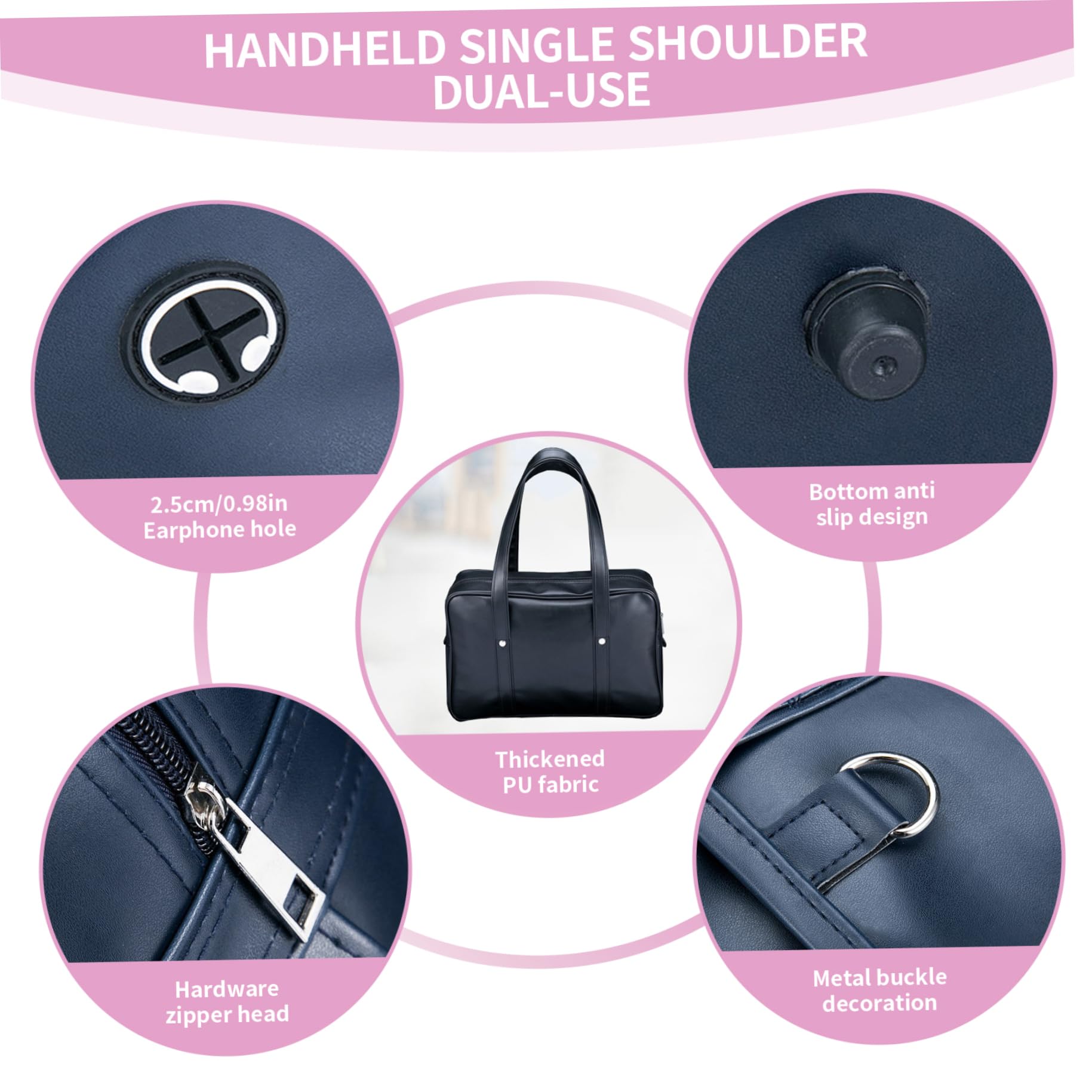 Borsa scuola giapponese grande capacità PU pelle borsa giapponese con tasca multipla scuola con cerniera borsa con foro per cuffie tracolla portatile Kawaii borsa a tracolla per ragazze o